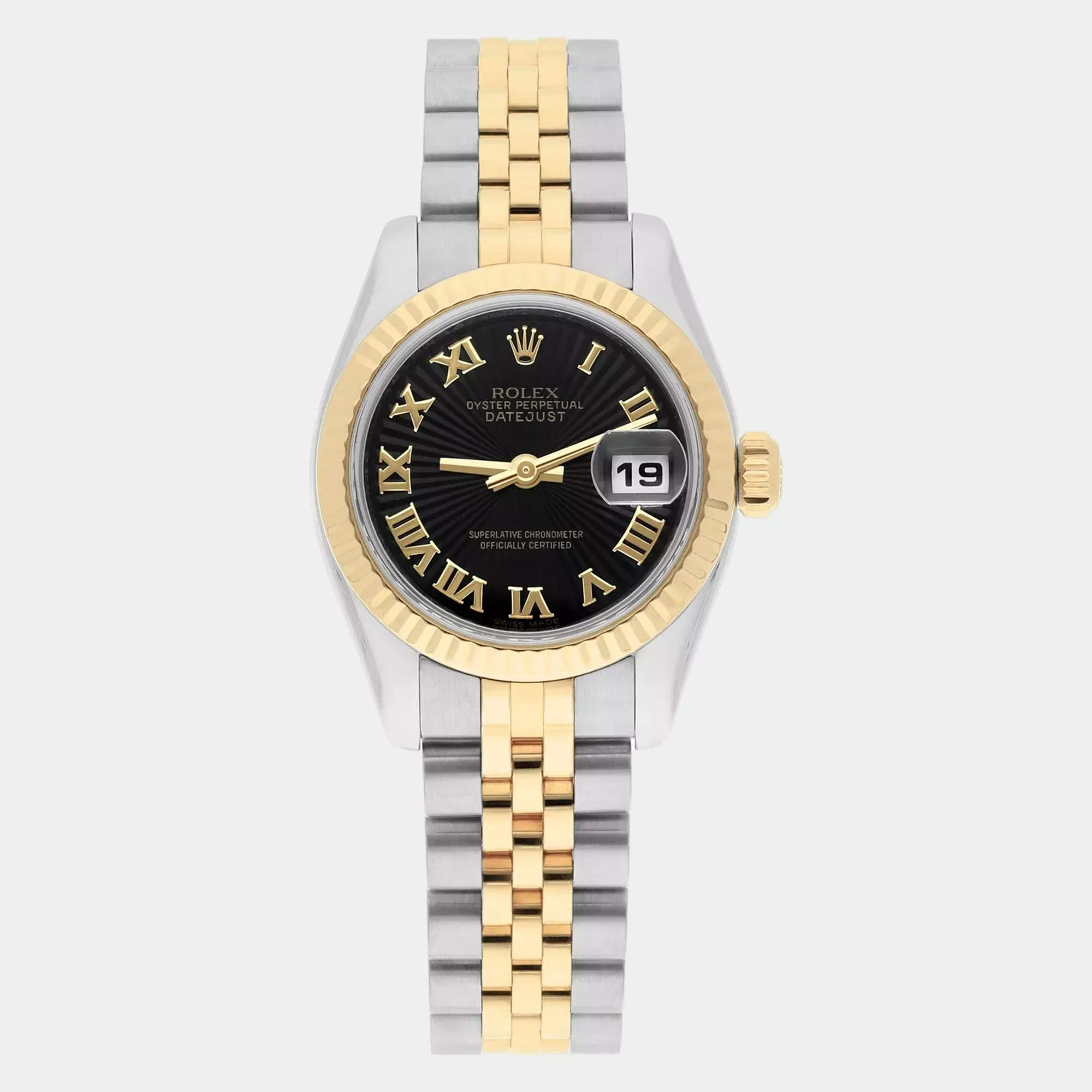 Pre Owned Rolex Datejust 179173 Automatic Black 18k Yellow Gold Stainless Steel Women's Wristwatch 26 mm