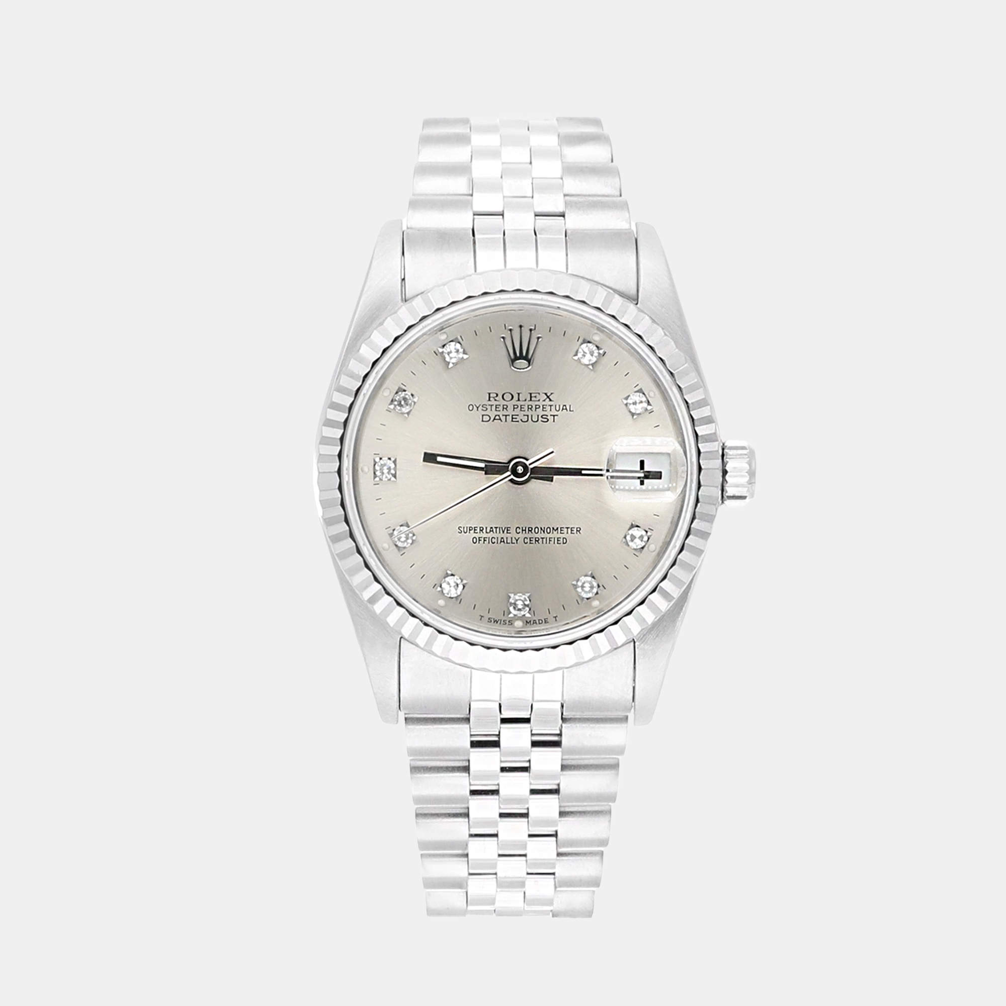 Pre Owned Rolex Datejust 68274 Automatic Silver 18k White Gold Stainless Steel Women's Wristwatch 31 mm