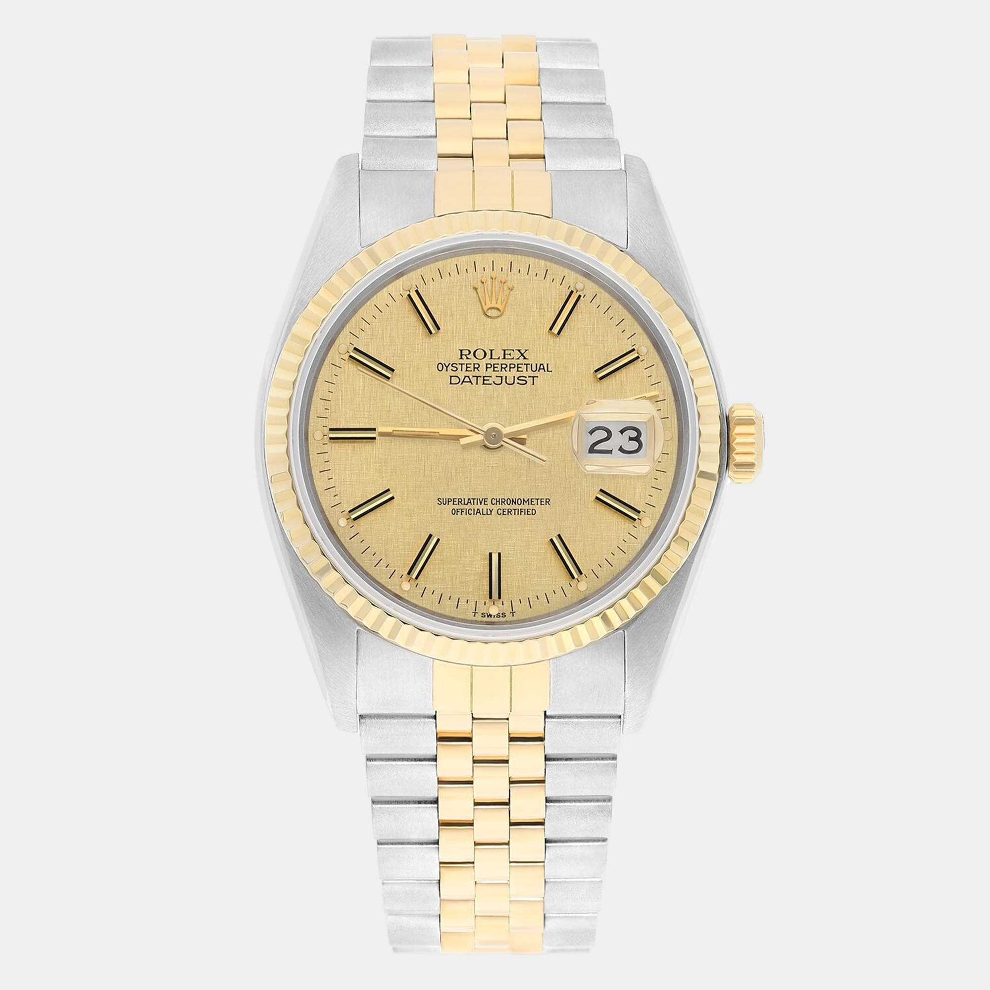 Pre Owned Rolex Datejust 16013 Automatic Champagne 18k Yellow Gold Stainless Steel Women's Wristwatch 36 mm