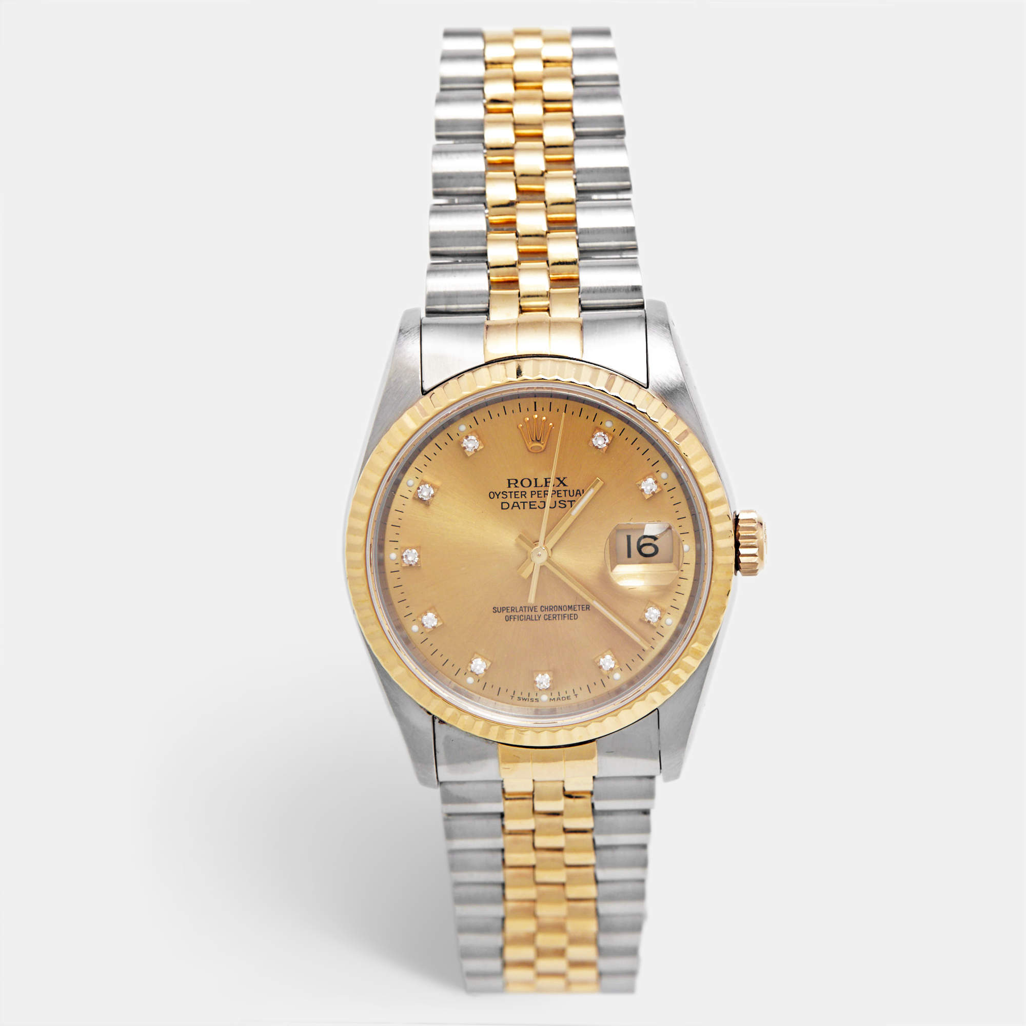 Pre Owned Rolex Champagne Diamond 18K Yellow Gold Stainless Steel Datejust 16233 Unisex Wristwatch 36 mm