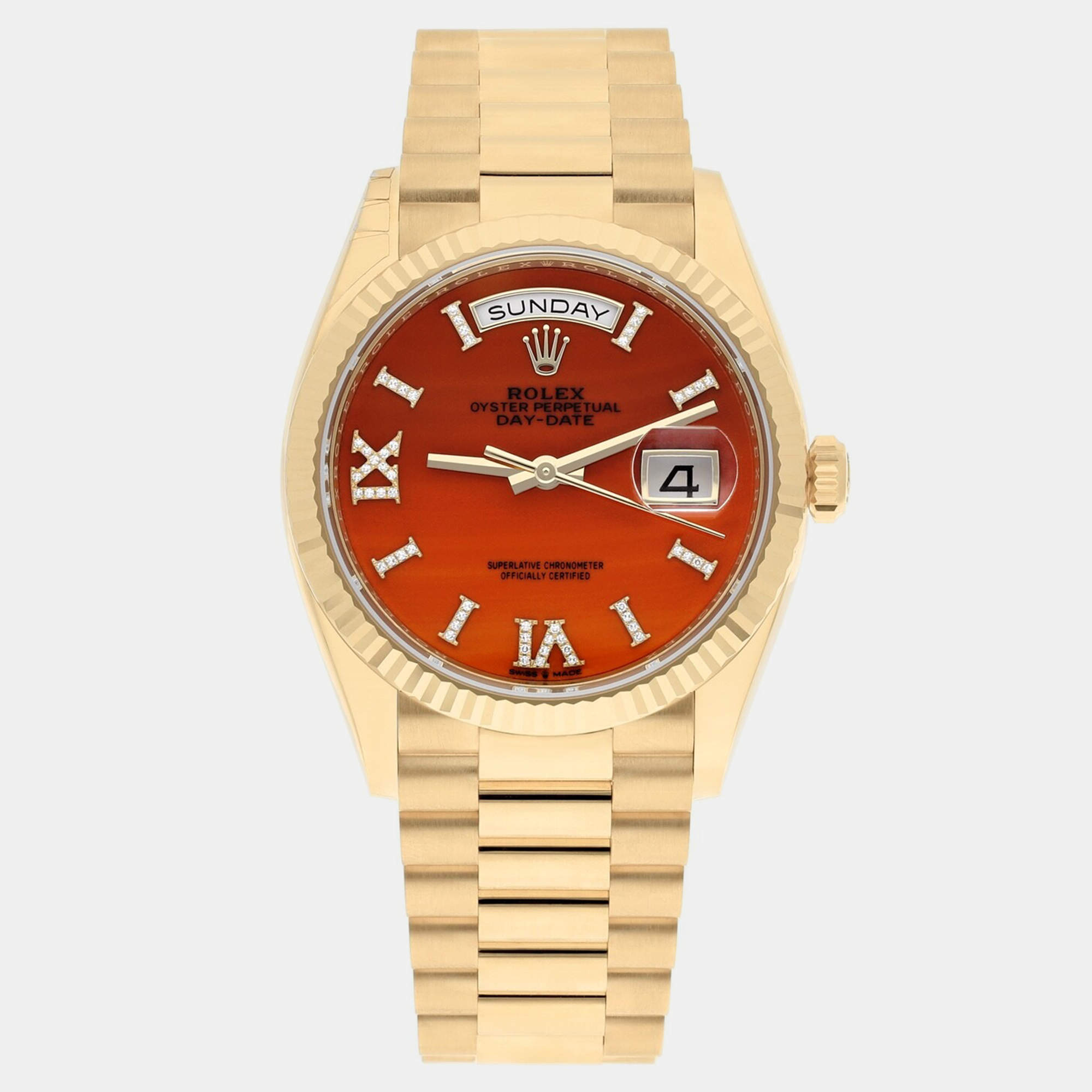 Pre Owned Rolex Day-Date 128238 Automatic Orange 18K Yellow Gold Women's Wristwatch 36 mm