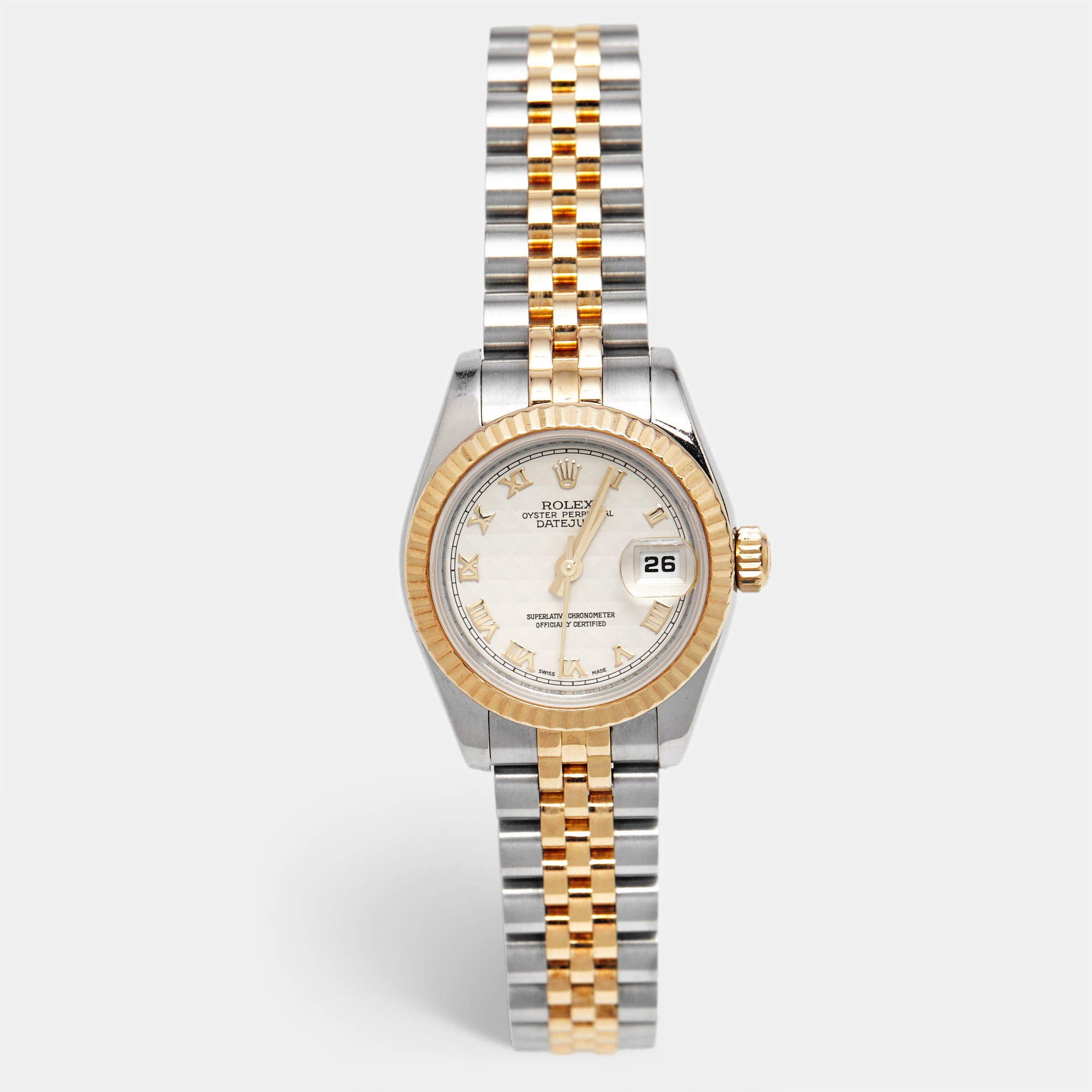 Pre Owned Rolex Cream Pyramid Dial 18K Yellow Gold Stainless Steel Datejust 179173 Women's Wristwatch 26 mm