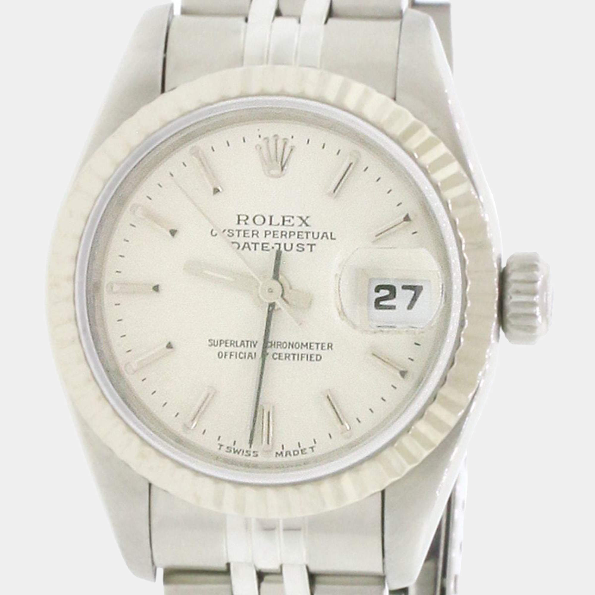 Pre Owned Rolex Datejust 69174 Automatic Silver 18k White Gold Stainless Steel Women's Wristwatch 26 mm