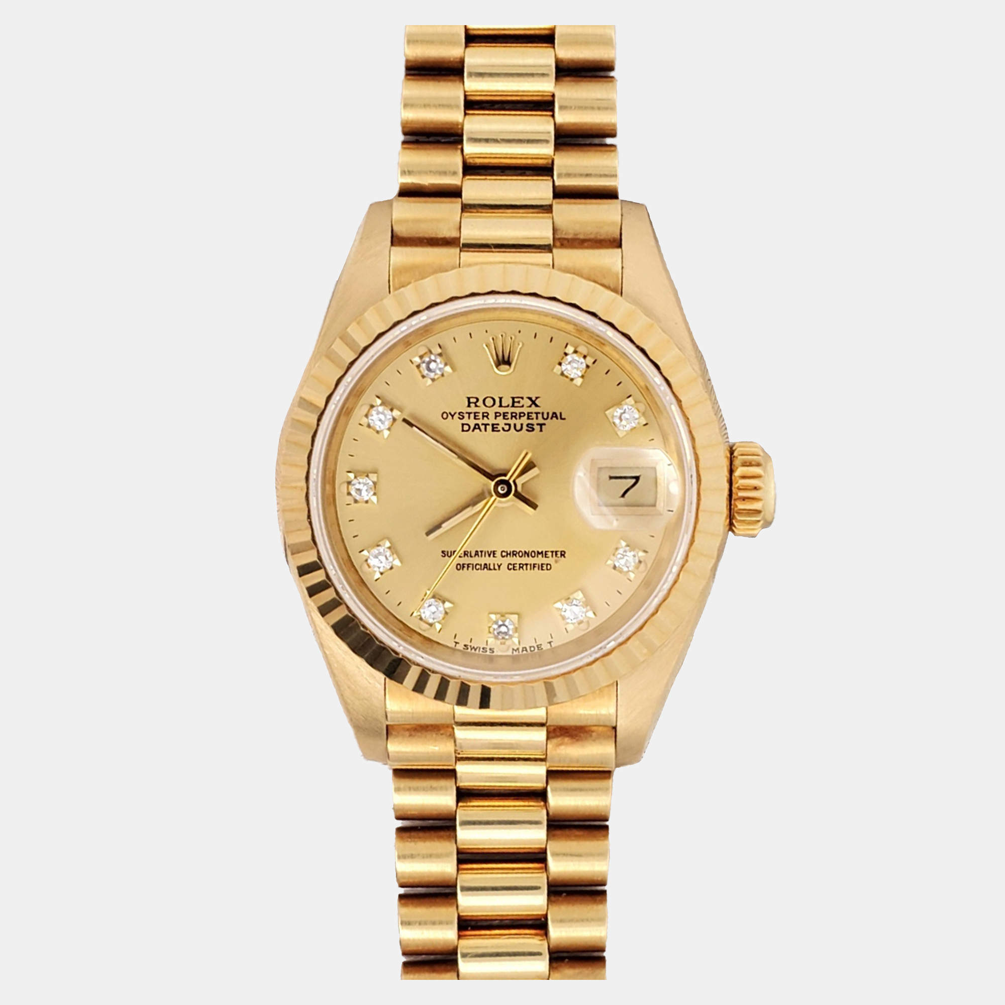 Pre Owned Rolex President Datejust 69178 Automatic Champagne Diamond 18K Yellow Gold Women's Wristwatch 26 mm