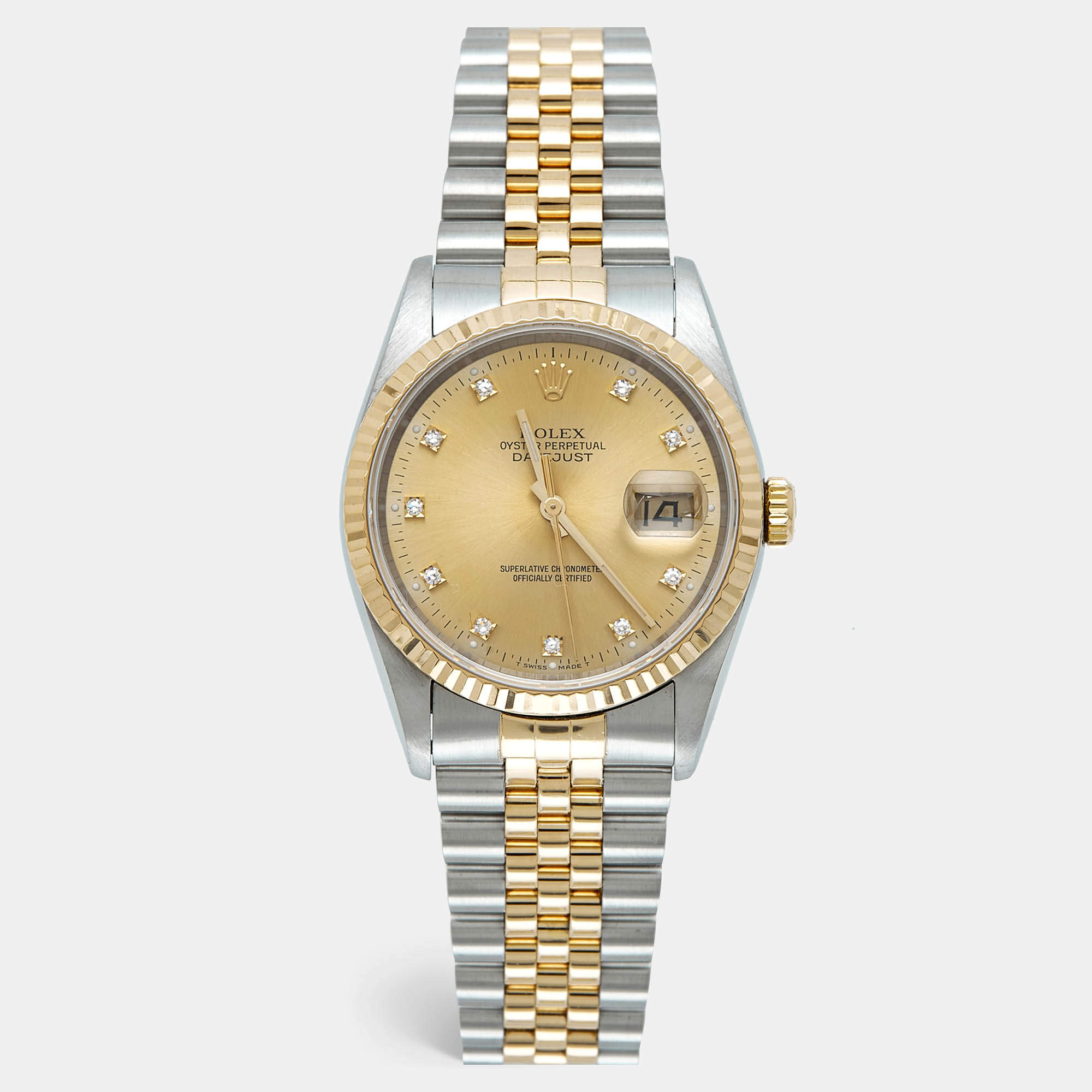 مملوكة مسبقًا Rolex Champagne Diamond 18K Yellow Gold Stainless Steel Datejust 16233 Unisex Wristwatch 36 mm
