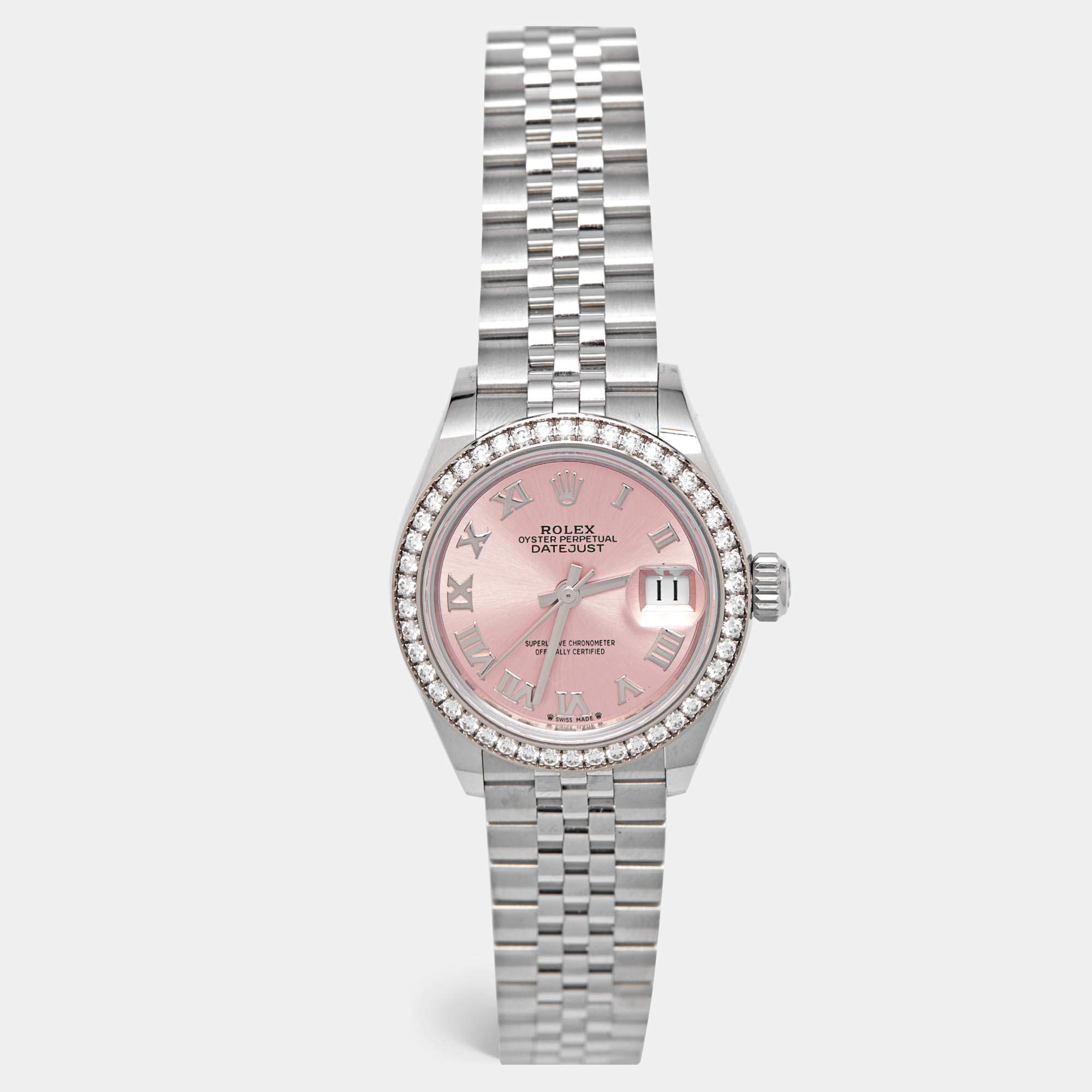 Pre Owned Rolex Pink 18k White Gold Diamond Oystersteel Datejust 279384RBR Women's Wristwatch 28 mm 