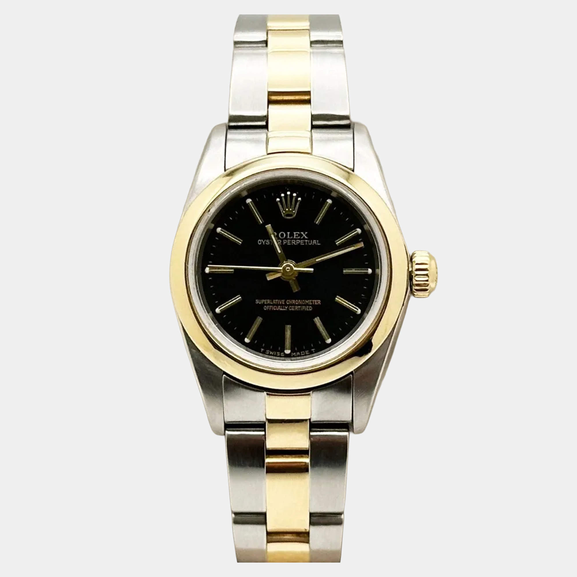 Pre Owned Rolex Oyster Perpetual 76183 Automatic Black 18k Yellow Gold Stainless Steel Women's Wristwatch 24 mm