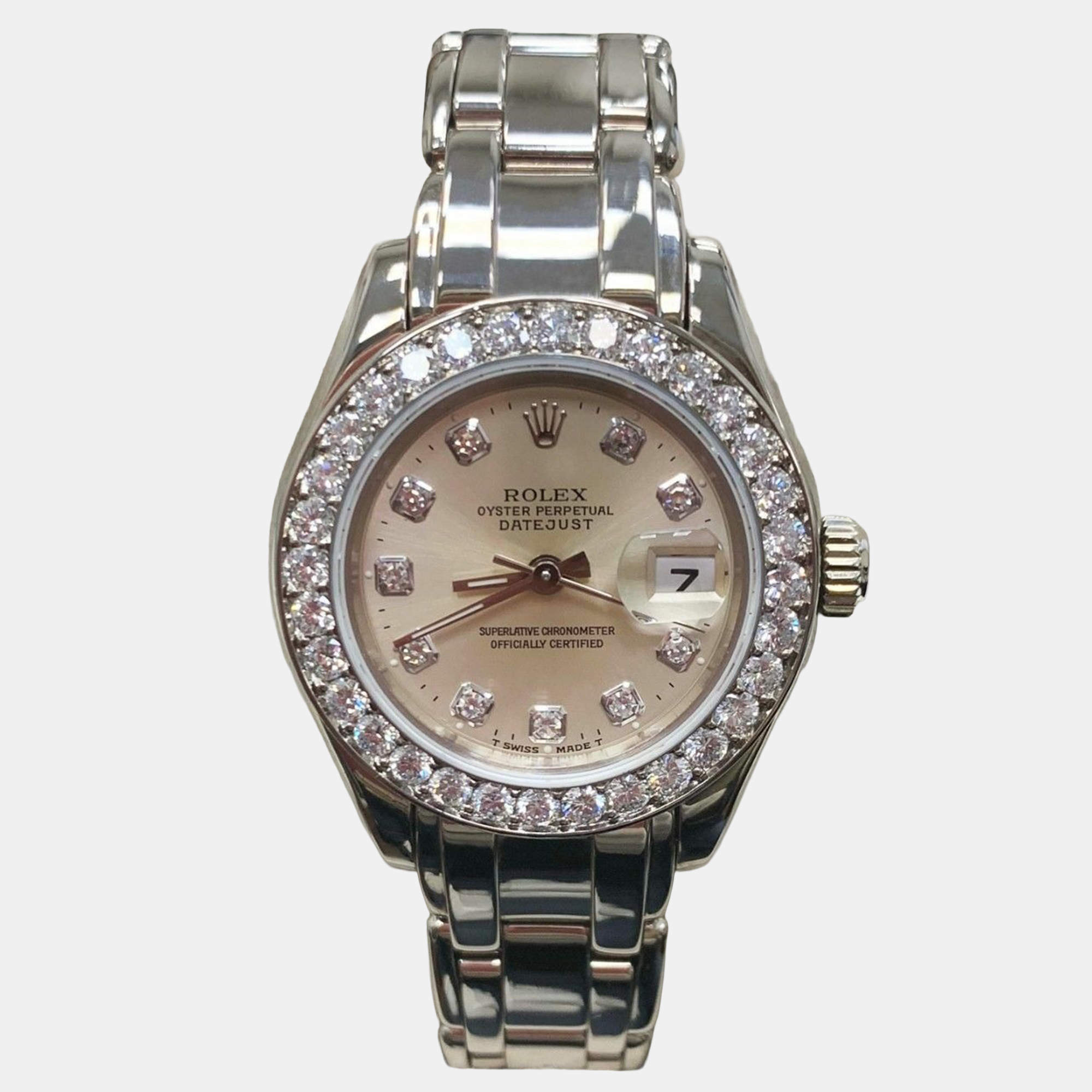 Pre Owned Rolex Pearlmaster 69299 Automatic Diamond 18k White Gold Women's Wristwatch 29 mm
