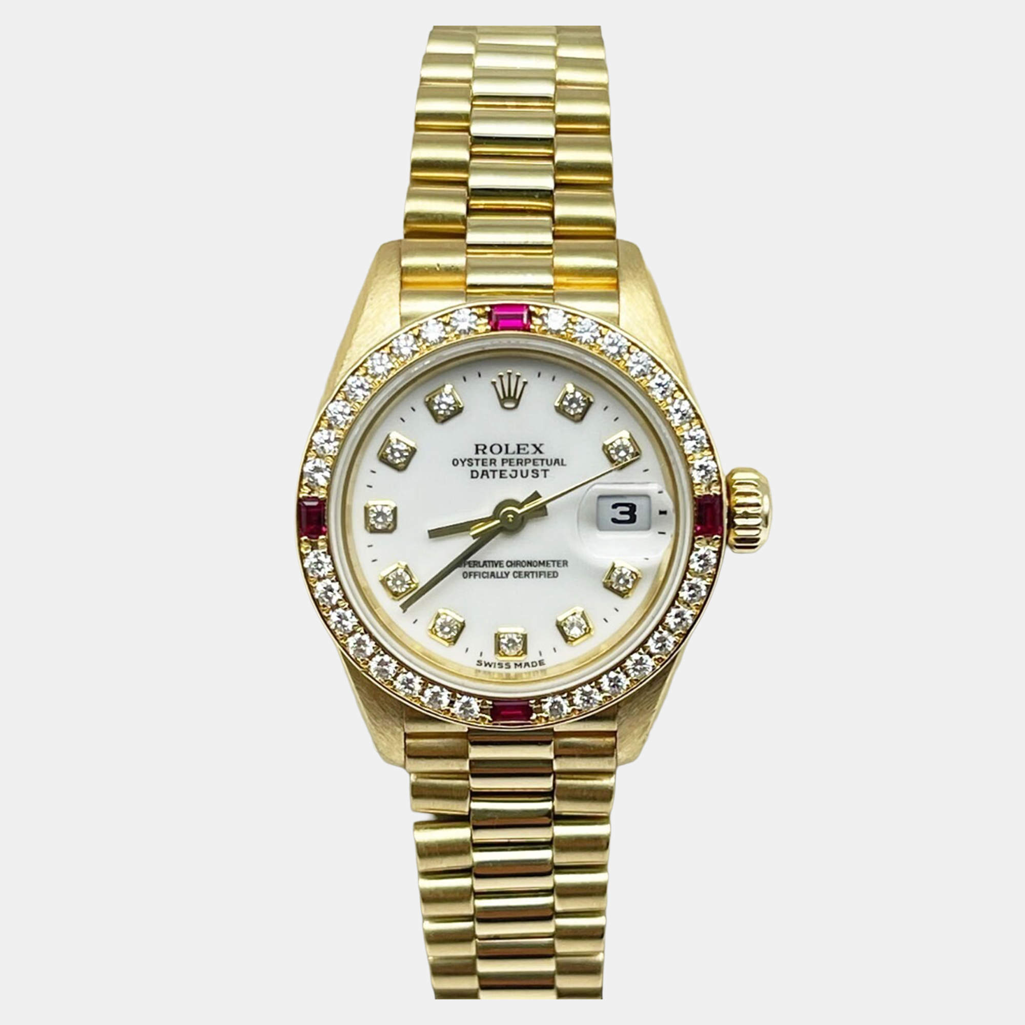 Pre Owned Rolex President 79068 Automatic Diamond 18k Yellow Gold Women's Wristwatch 26 mm