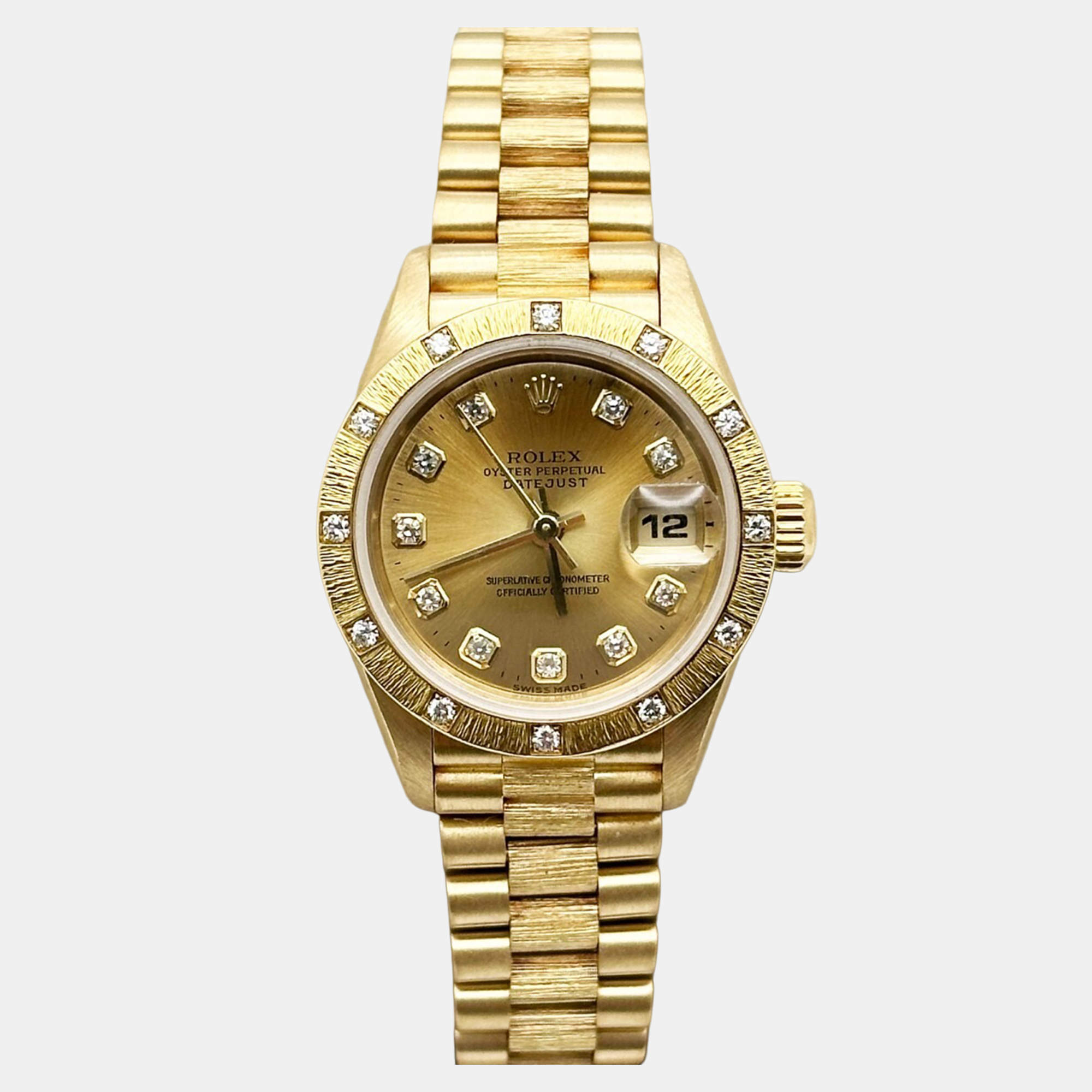 Pre Owned Rolex President Datejust 69288 Automatic Champagne Diamond 18k Yellow Gold Women's Wristwatch 26 mm