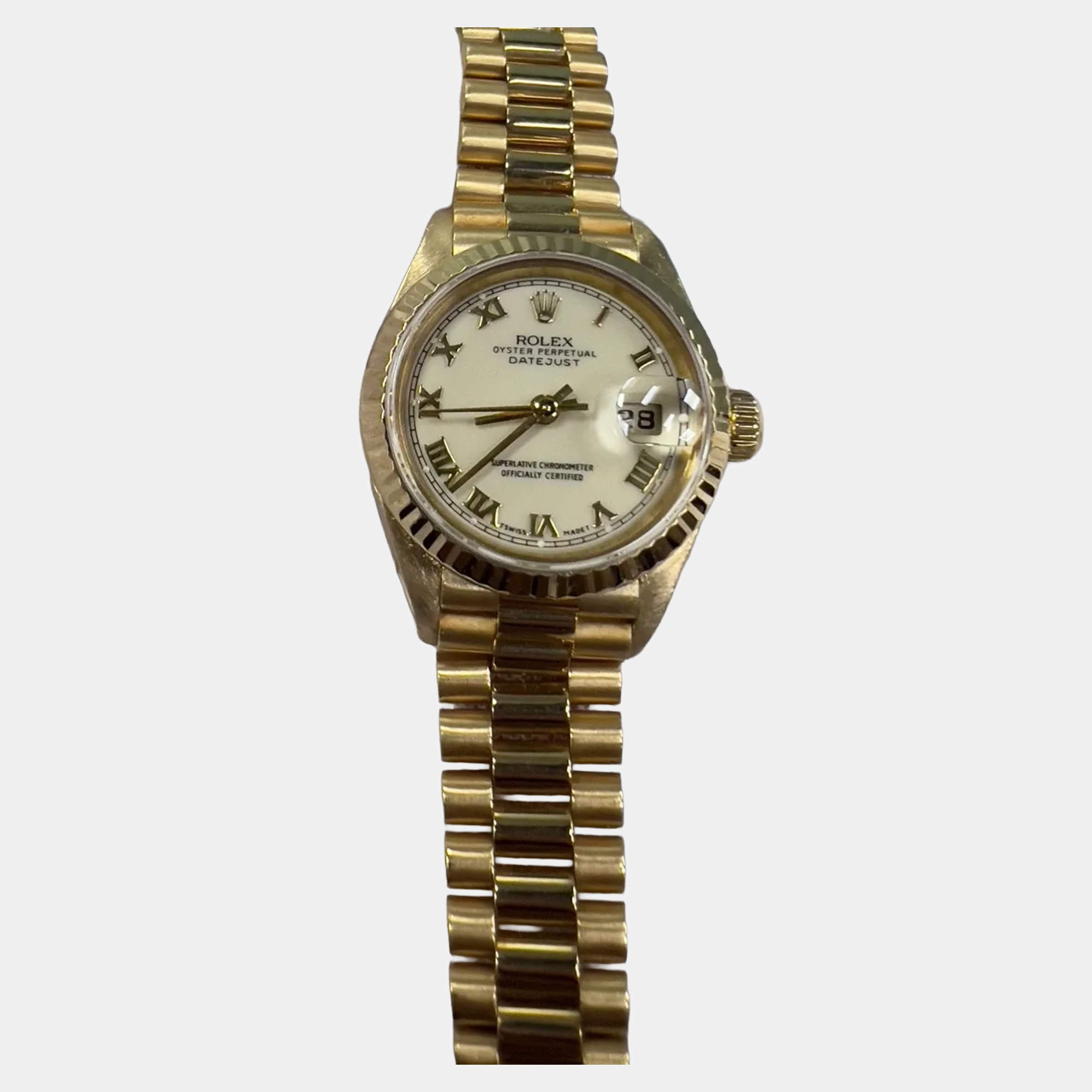 Pre Owned Rolex President Datejust 79178 Automatic Cream 18k Yellow Gold Women's Wristwatch 26 mm