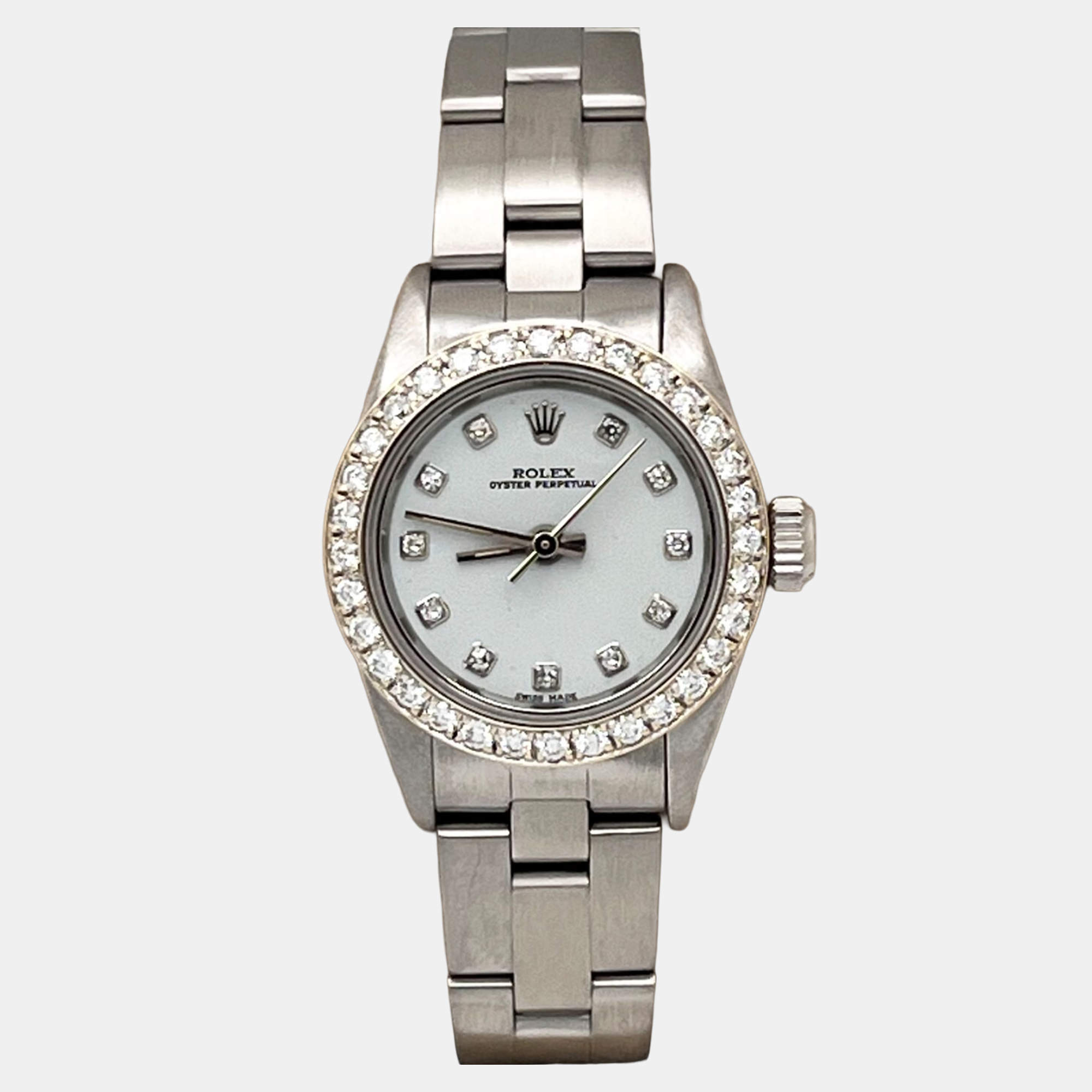 Pre Owned Rolex Oyster Perpetual 67194 Automatic Diamond and Stainless Steel Women's Wristwatch 26 mm
