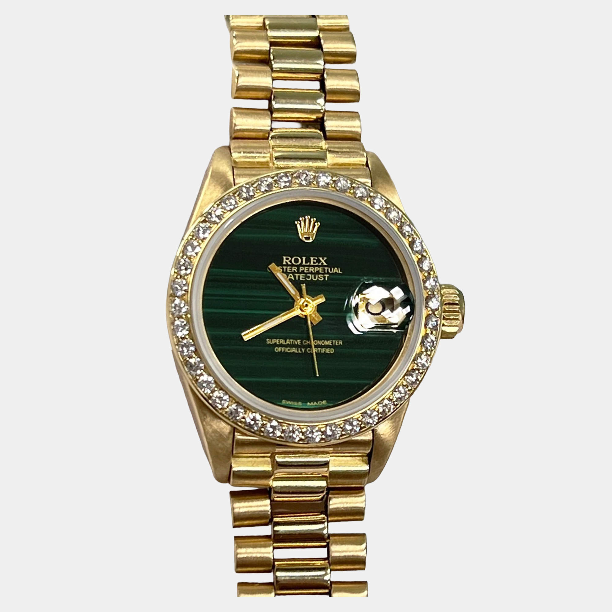 Pre Owned Rolex President 6917 Automatic Green Malachite and 18K Yellow Gold Women's Wristwatch 26 mm