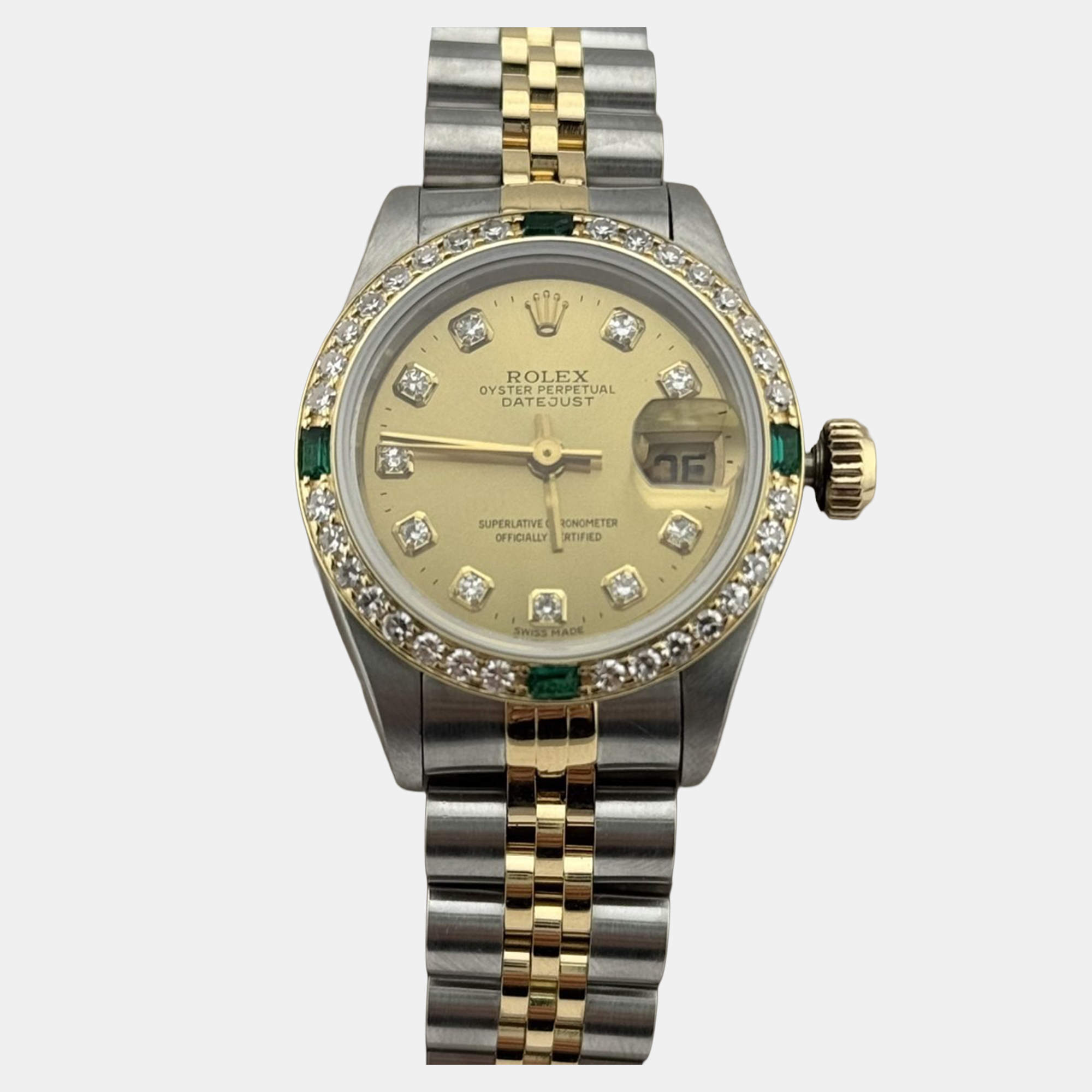 Pre Owned Rolex Datejust 69173 Automatic Diamond Emerald 18K Yellow Gold Women's Wristwatch 26mm