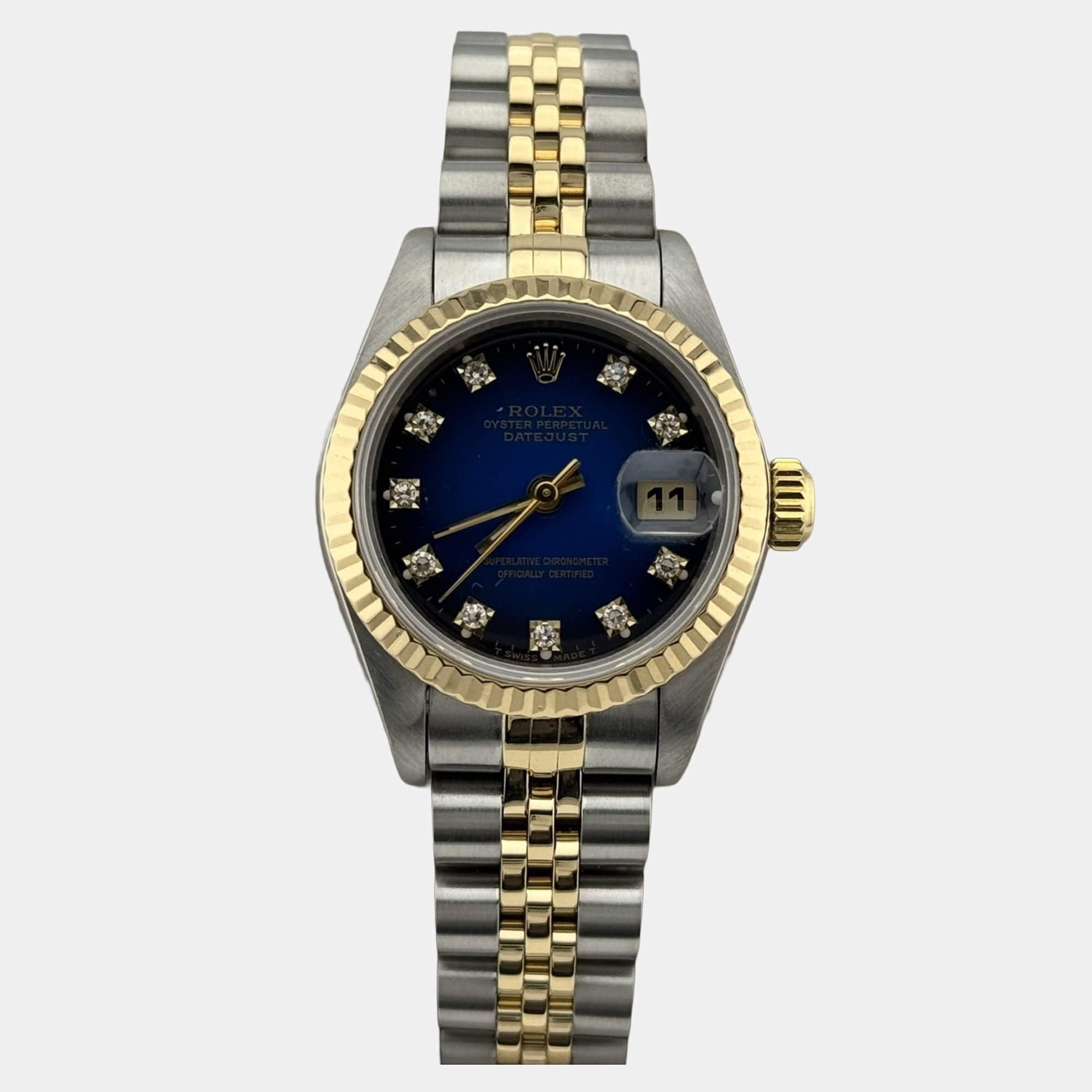 Pre Owned Rolex Datejust 69173 Automatic Blue Vignette Diamond 18K Yellow Gold Stainless Steel Women's Wristwatch 26 mm