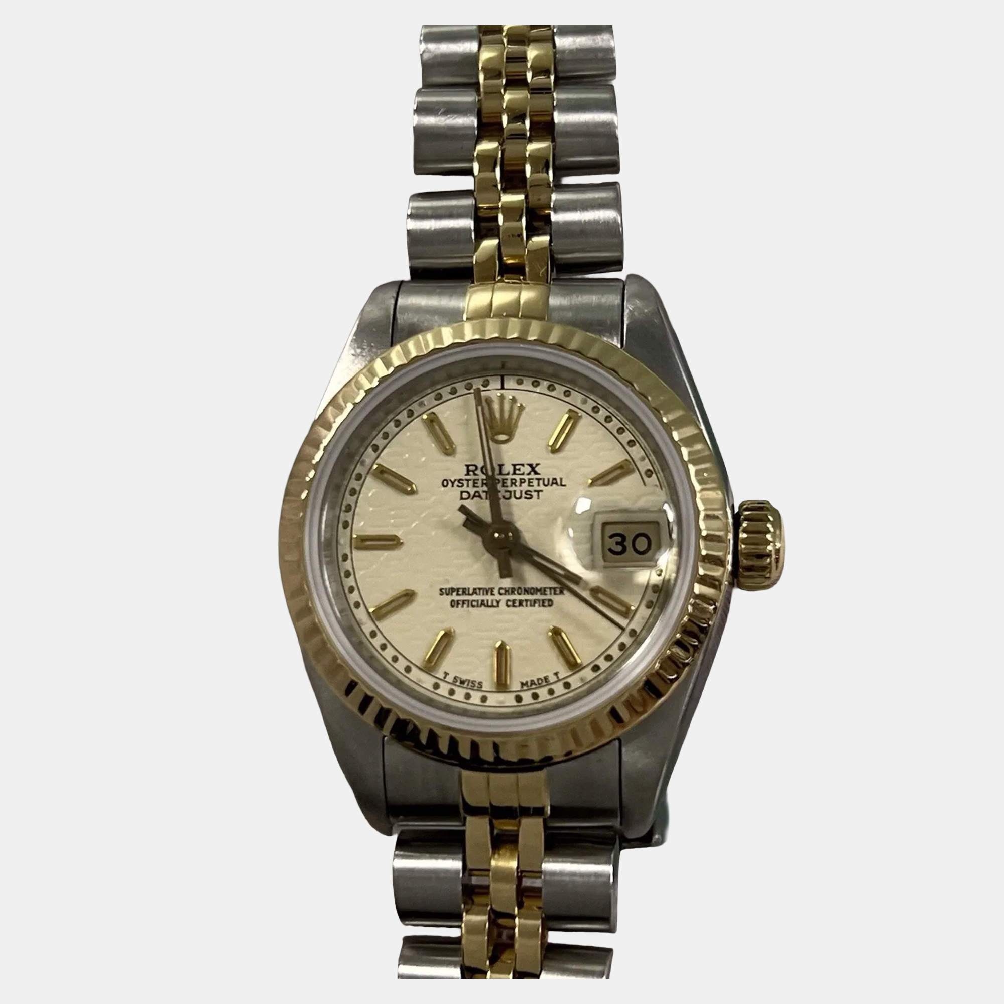 Pre Owned Rolex Datejust 69173 Automatic Ivory 18K Yellow Gold Stainless Steel Women's Wristwatch 26 mm