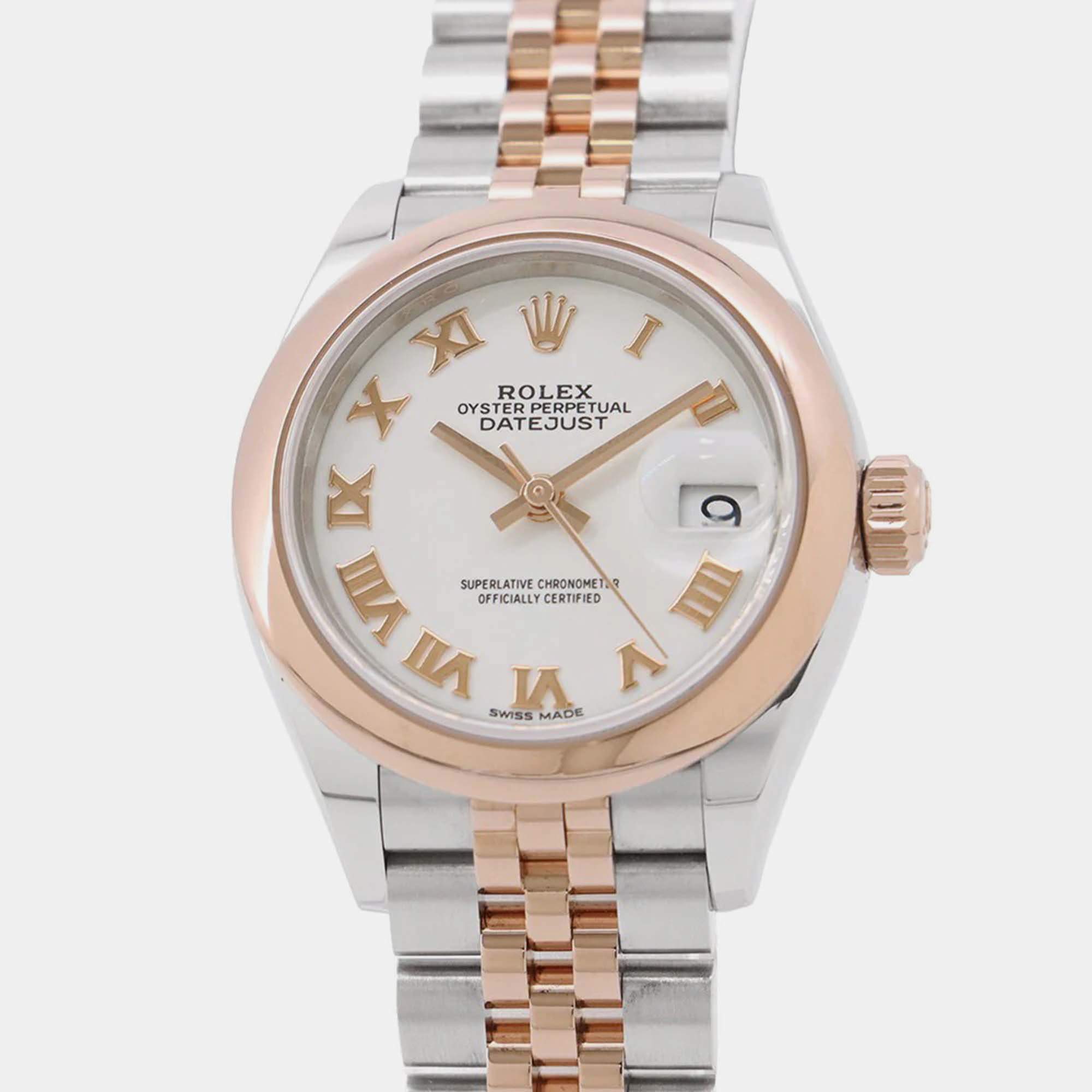 Pre Owned Rolex Datejust 279161 Automatic White 18k Rose Gold Stainless Steel Women's Wristwatch 28 mm