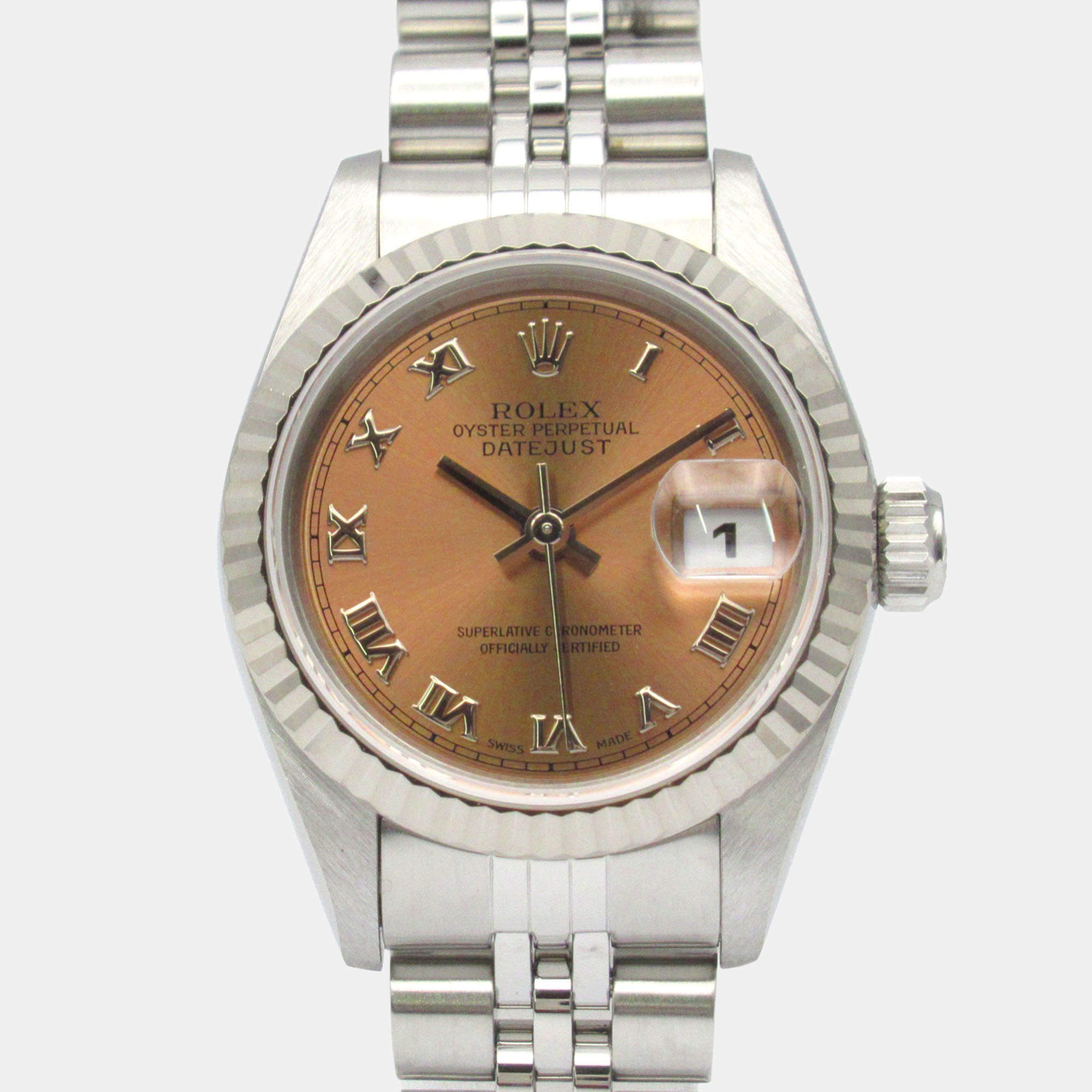 Pre Owned Rolex Datejust 69174 Automatic Pink 18k White Gold Stainless Steel Women's Wristwatch 26 mm