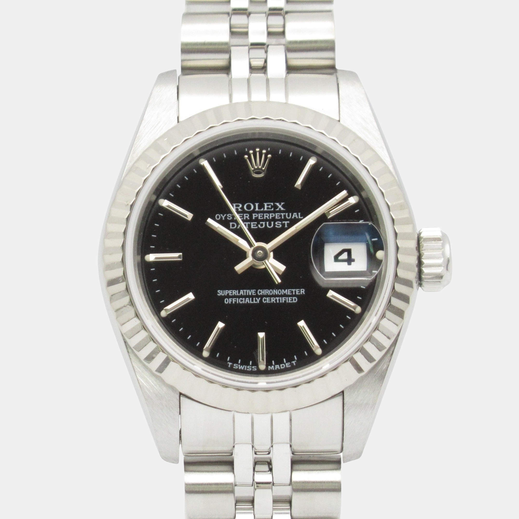 Pre Owned Rolex Datejust 69174 Automatic Black 18K White Gold Stainless Steel Women's Wristwatch 26 mm