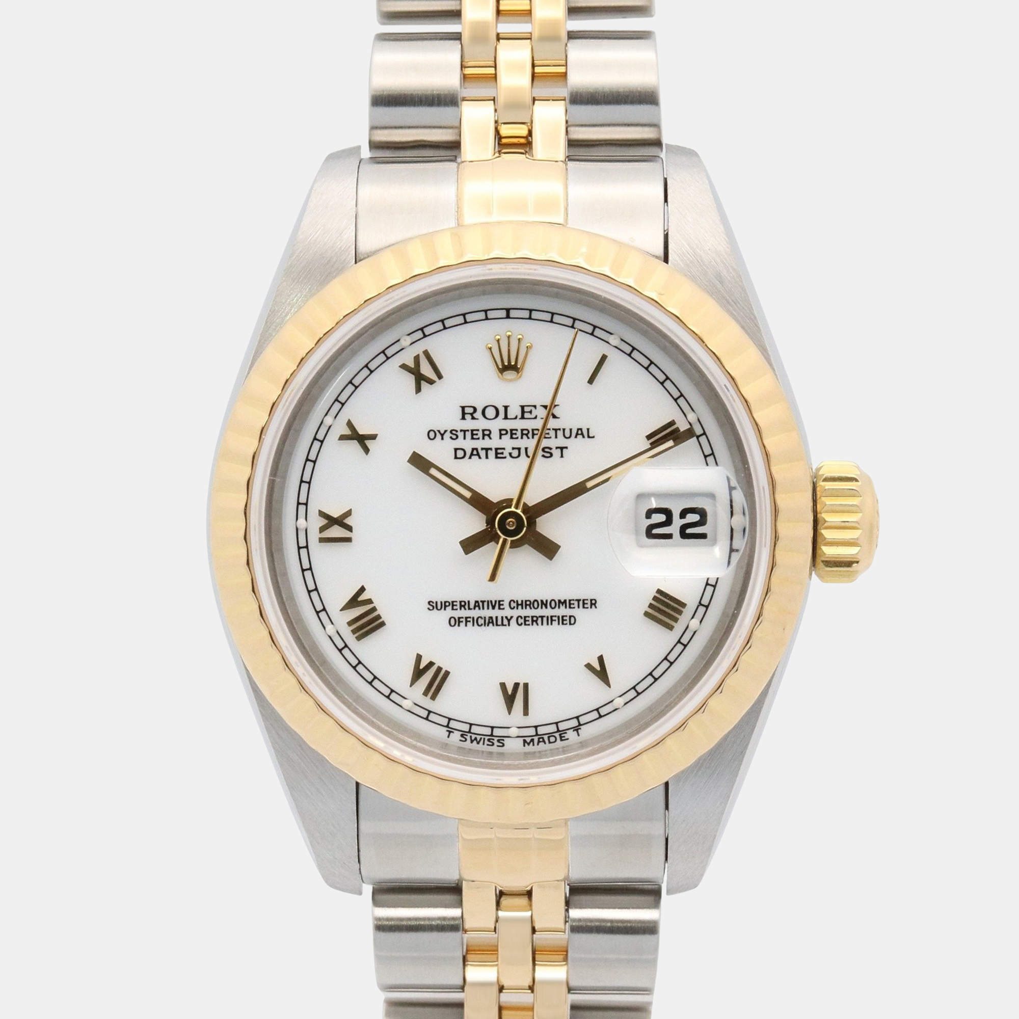 Pre Owned Rolex Datejust 69173 Automatic White 18k Yellow Gold Stainless Steel Women's Wristwatch 26 mm