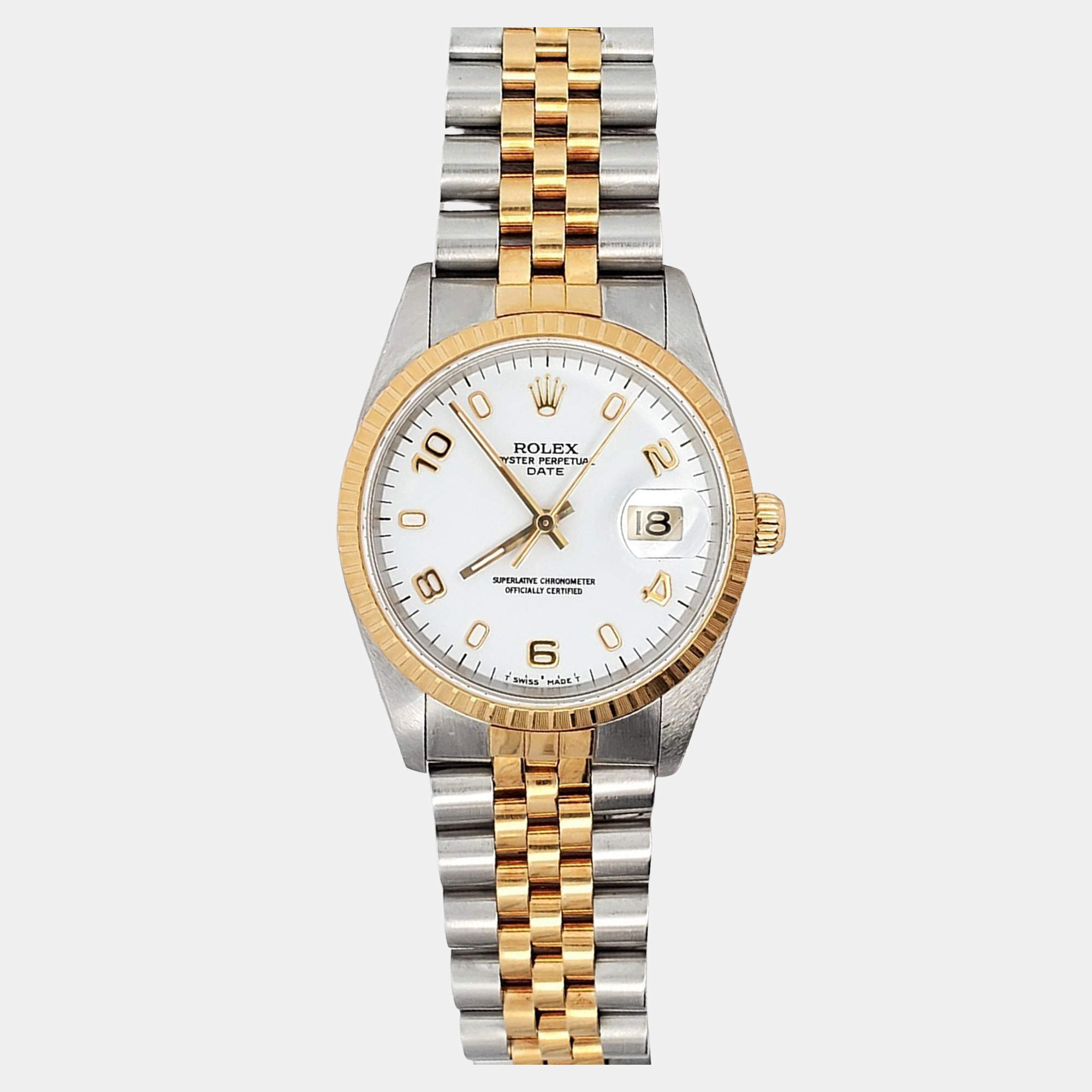 Pre Owned Rolex Date 15223 Automatic White 18k Yellow Gold Stainless Steel Women's Wristwatch 34 mm