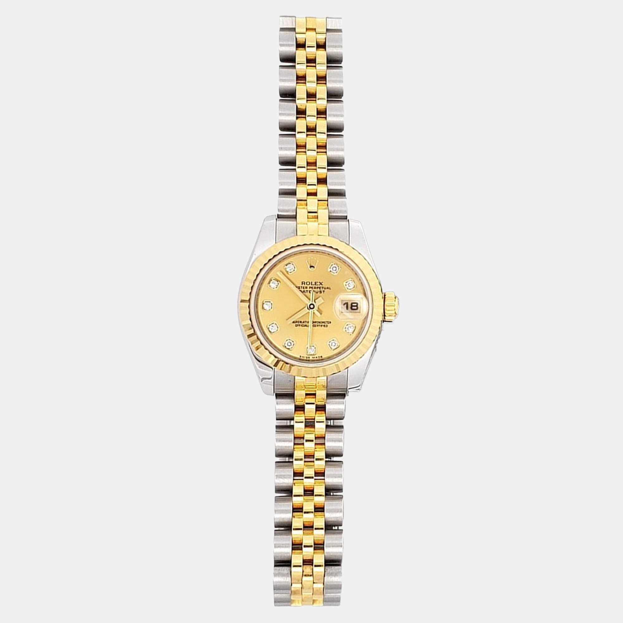 Pre Owned Rolex Datejust 179173 Automatic Champagne Diamond 18k Yellow Gold Stainless Steel Women's Wristwatch 26 mm