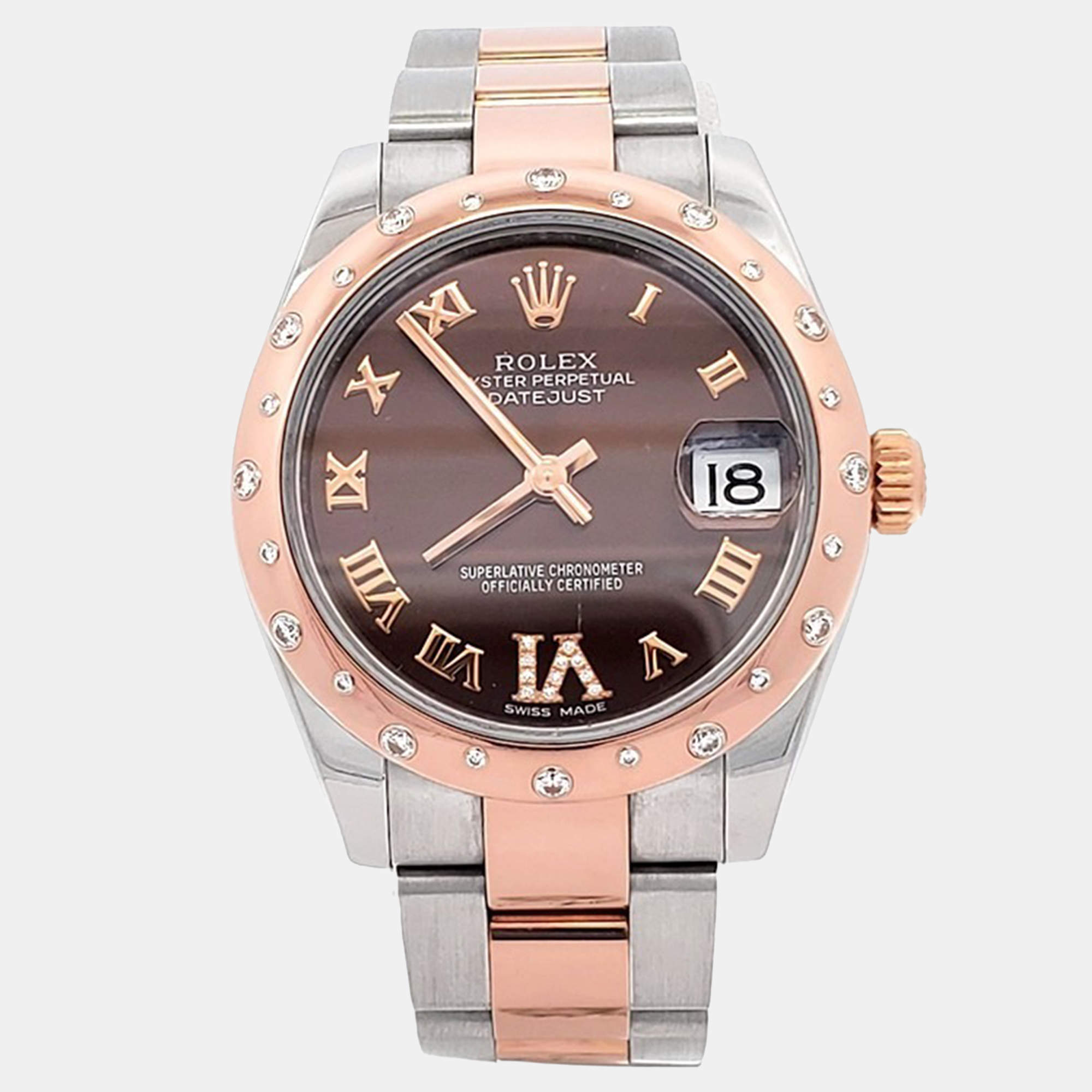 Pre Owned Rolex Datejust 178341 Automatic Diamond Chocolate 18k Rose Gold Stainless Steel Women's Wristwatch 31 mm