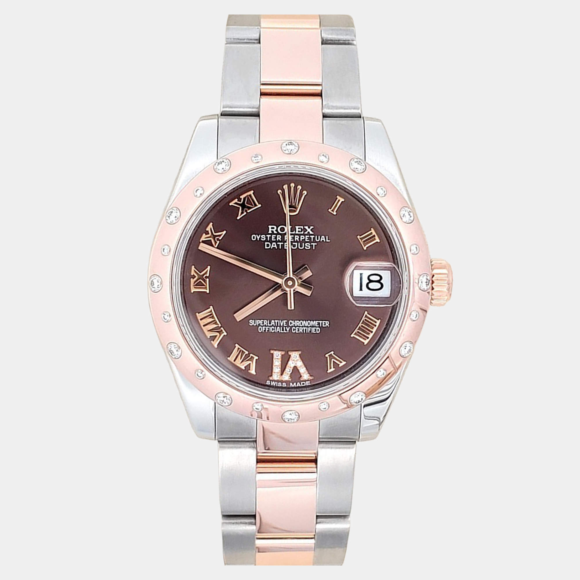 Pre Owned Rolex Datejust 178341 Automatic Diamond Chocolate 18k Rose Gold Stainless Steel Women's Wristwatch 31 mm