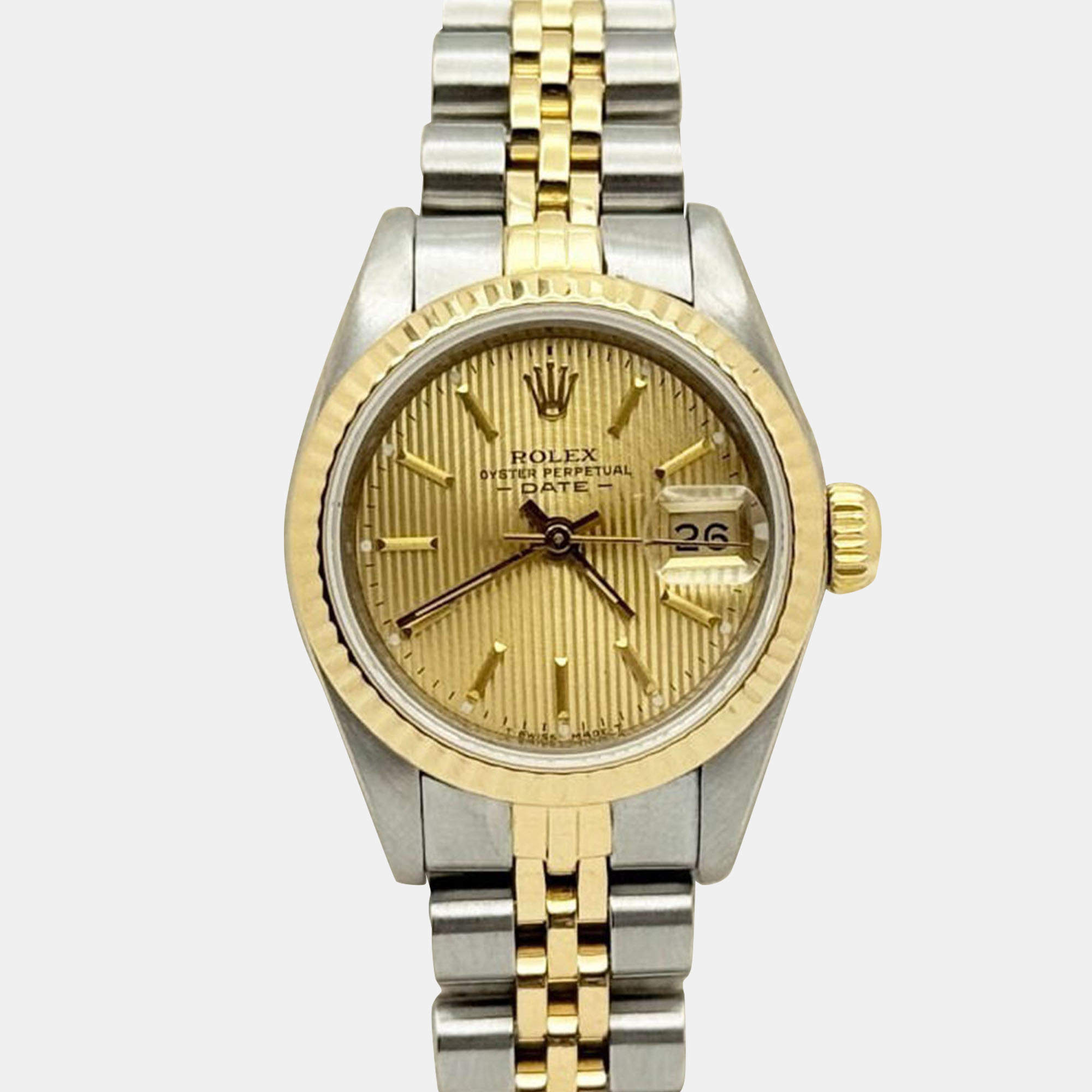 Pre Owned Rolex Datejust 69173 Automatic Champagne Tapestry Dial 18K Yellow Gold Stainless Steel Women's Wristwatch 26mm