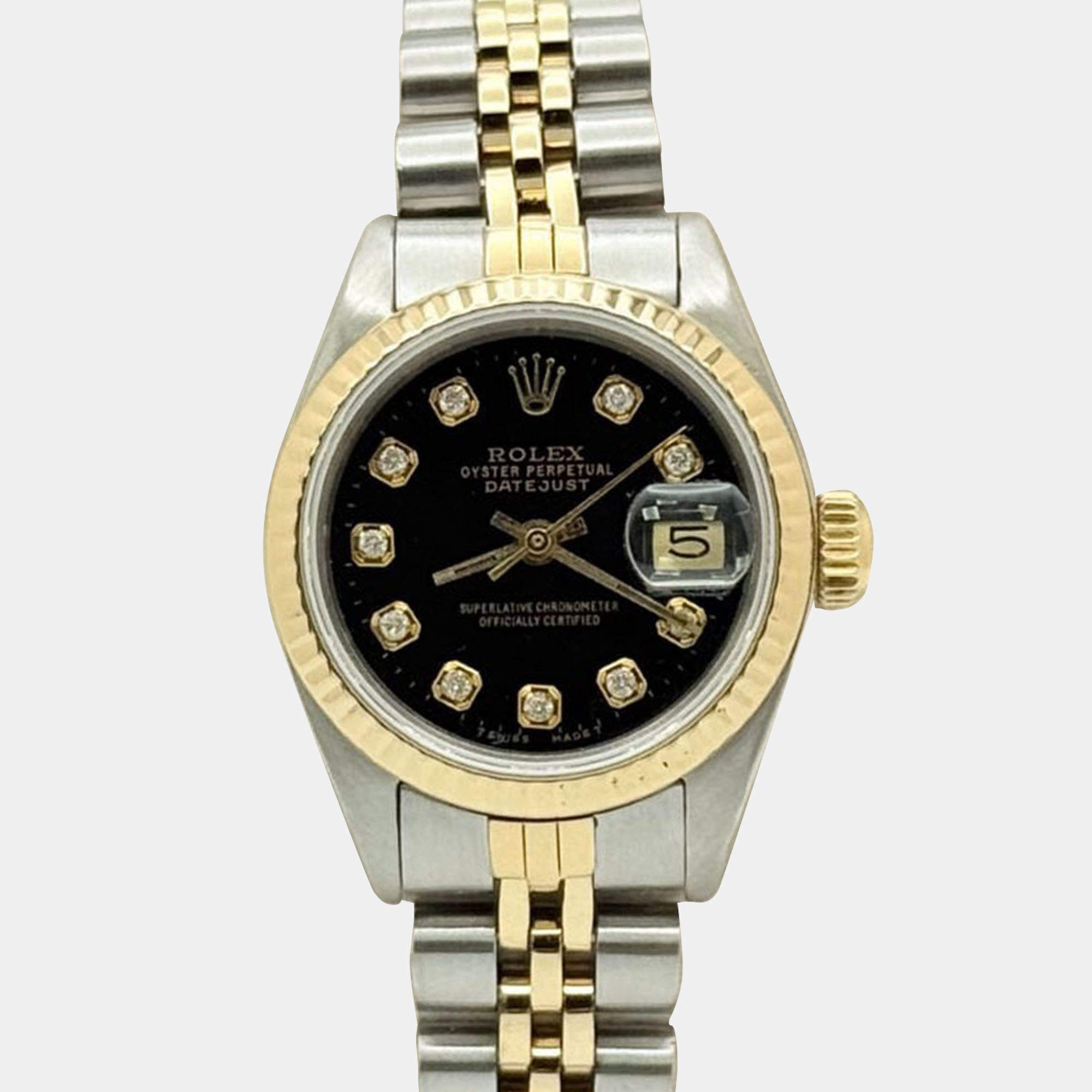 Pre Owned Rolex Datejust 69173 Automatic Black Diamond Dial 18k Yellow Gold Stainless Steel Women's Wristwatch 26mm