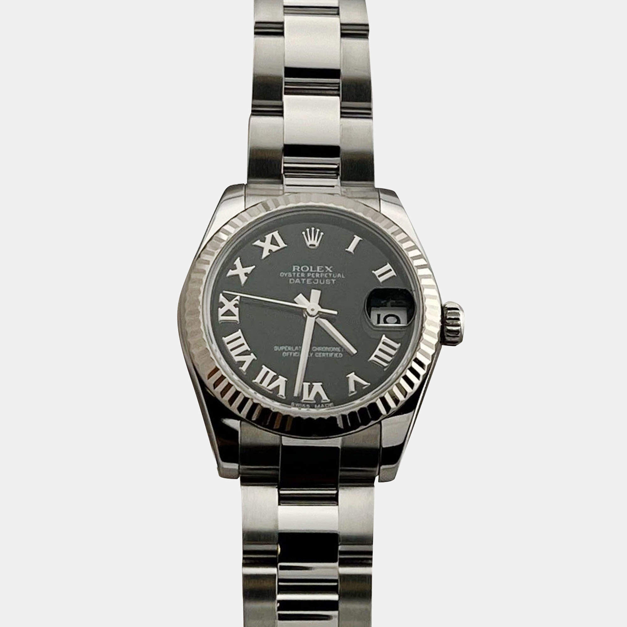 Pre Owned Rolex Datejust 178274 Automatic Black Roman Dial Stainless Steel 18k White Gold Women's Wristwatch 31mm