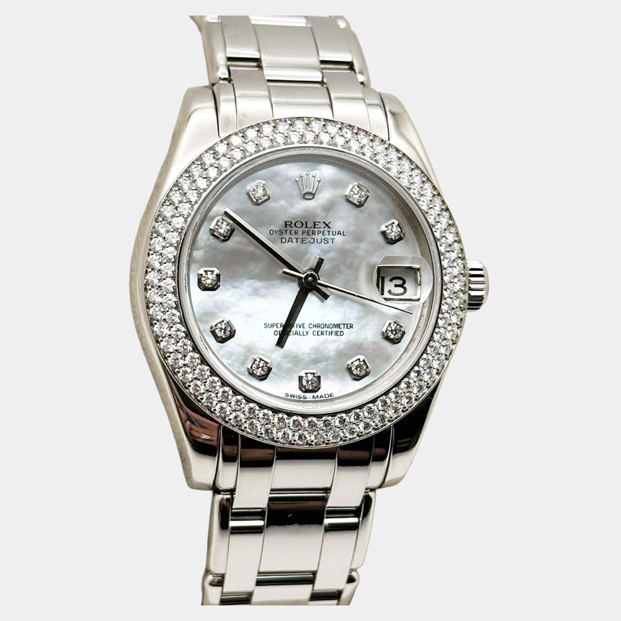 Pre Owned Rolex Datejust Pearlmaster 81339 Automatic Mother of Pearl Diamond Dial 18K White Gold Women's Wristwatch 34 mm