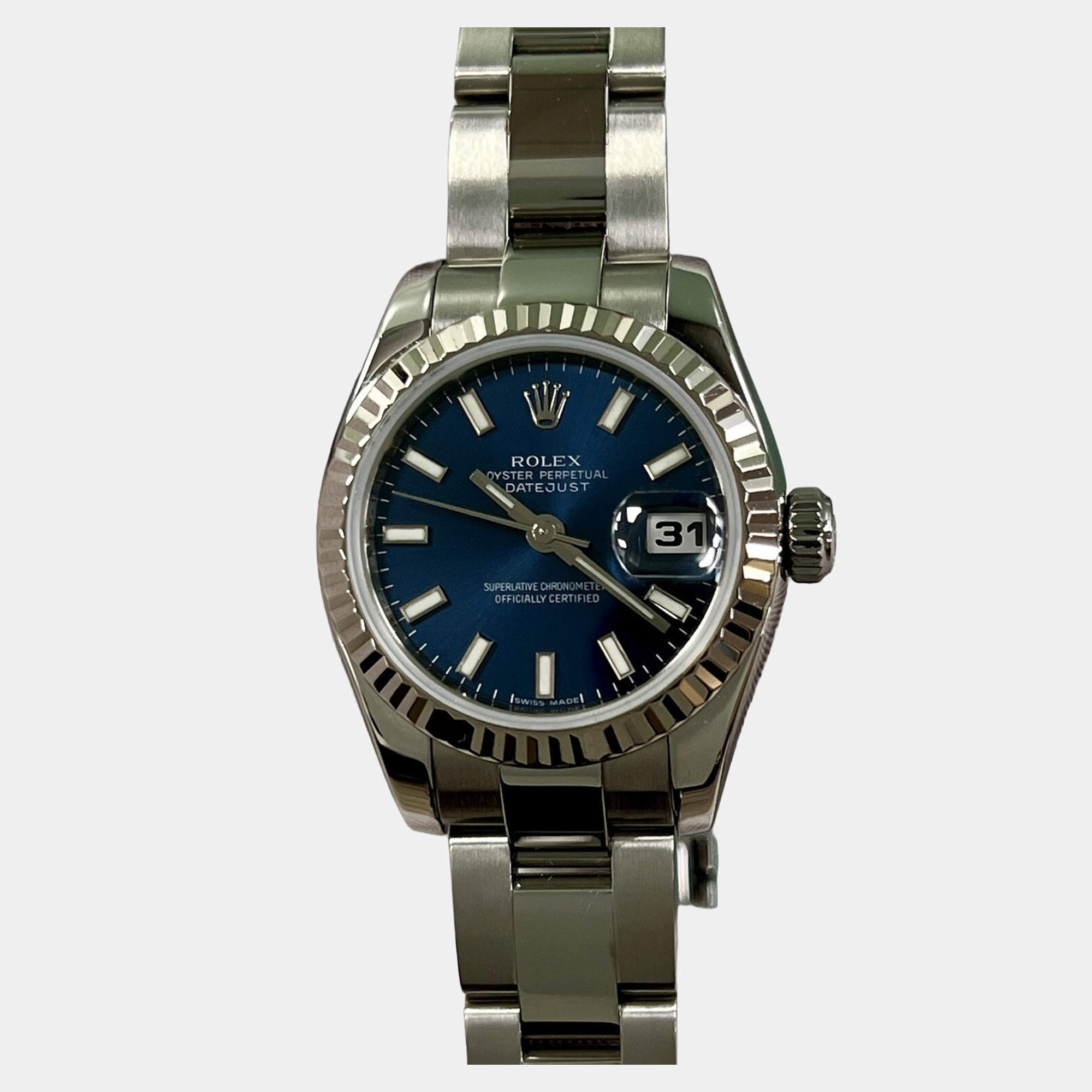 Pre Owned Rolex Datejust 179174 Automatic Blue 18k White Gold Stainless Steel Women's Wristwatch 26 mm