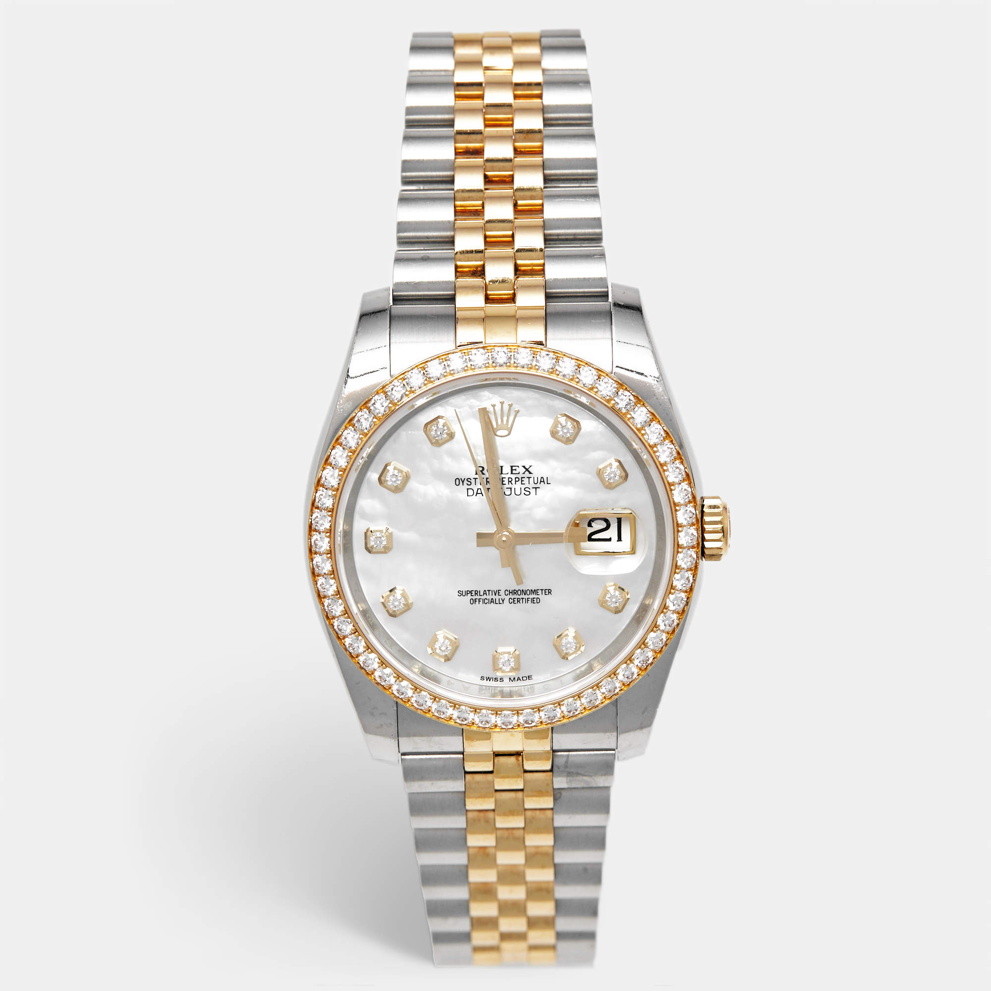 Pre Owned Rolex Datejust 116243-0018 White Mother Of Pearl Dial 18K Yellow Gold Stainless Steel Diamond Men's Wristwatch 36 mm