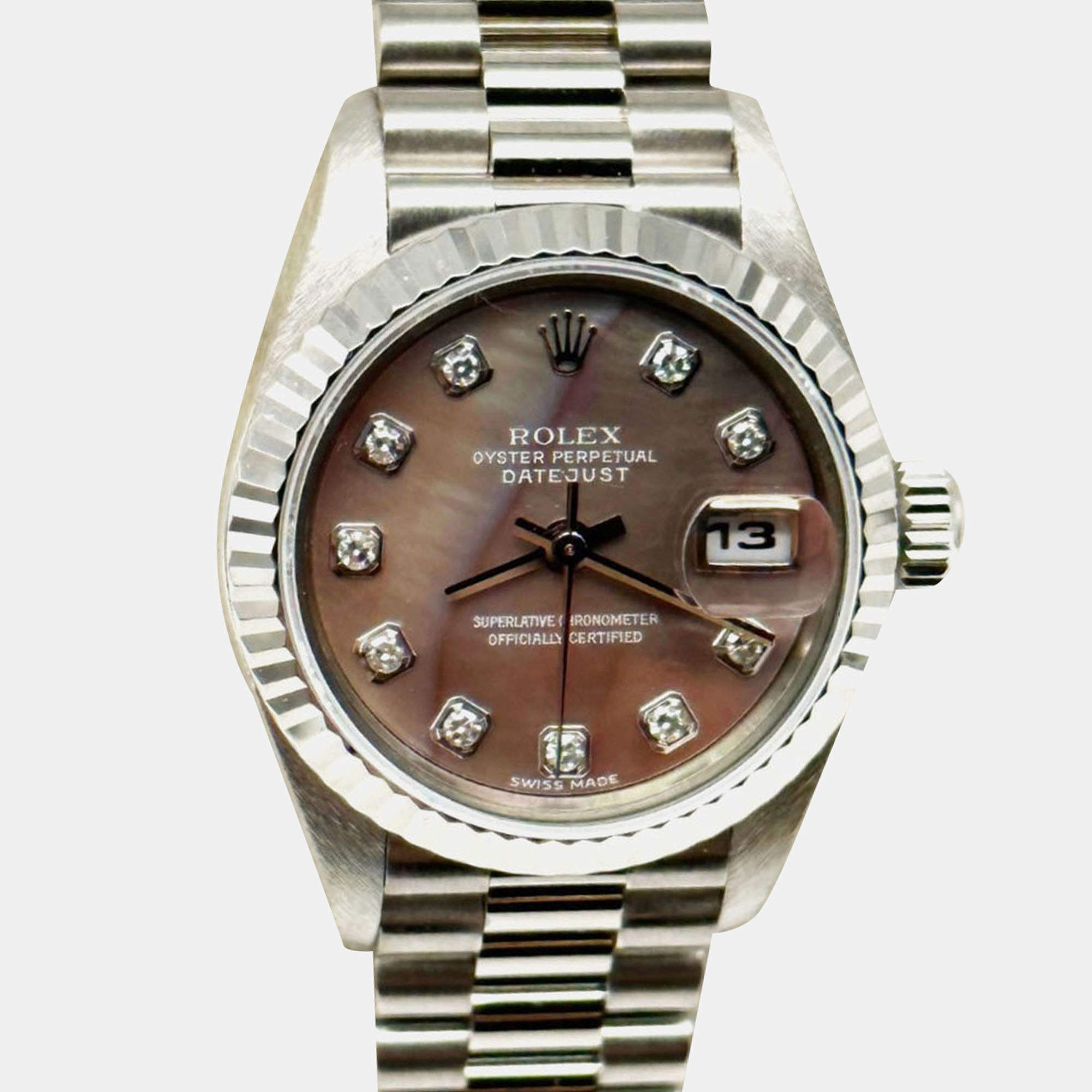 Pre Owned Rolex Datejust 79179 Automatic Silver diamonds 18k White Gold Women's Wristwatch 26 mm