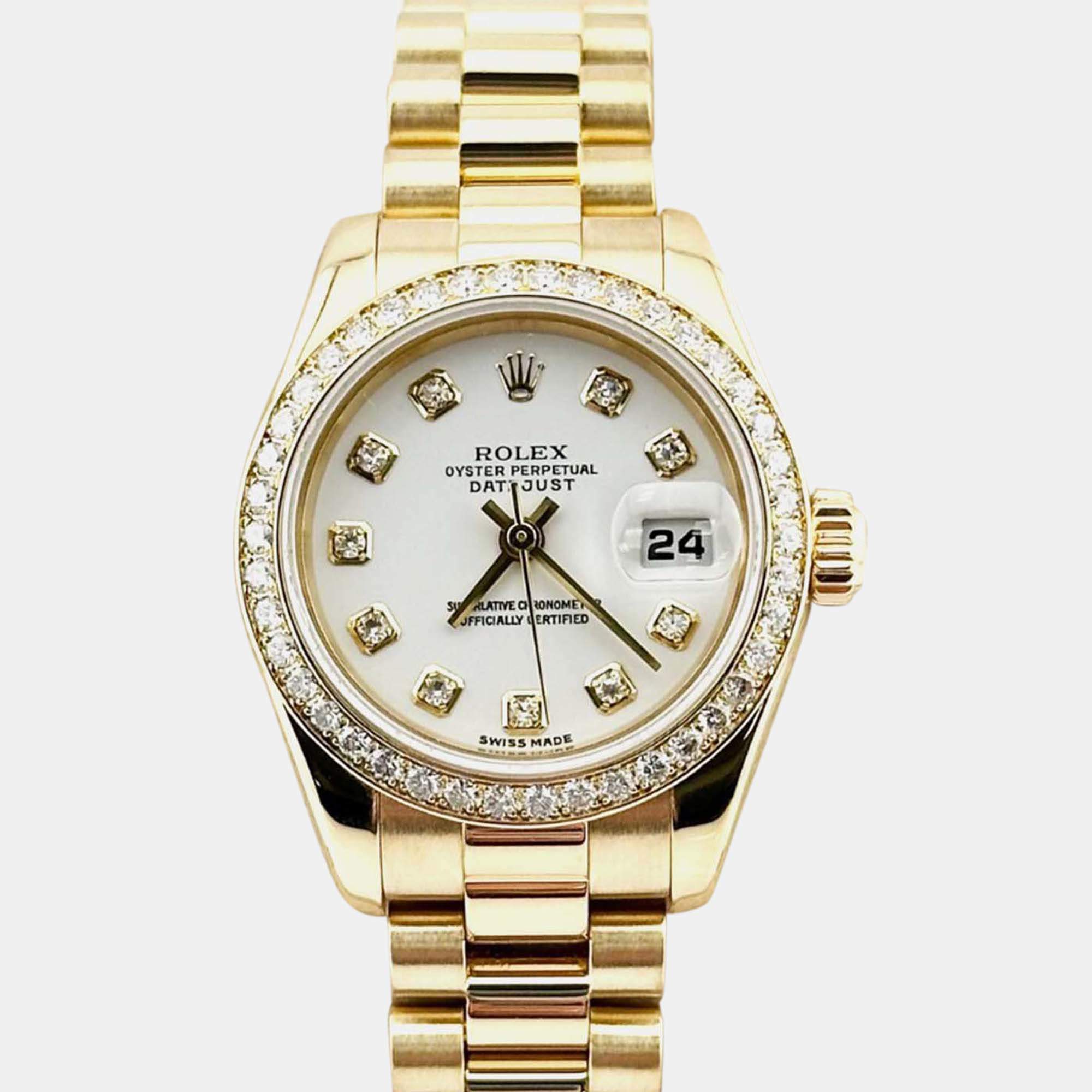 Pre Owned Rolex President Datejust 179138 Automatic White diamonds 18k Yellow Gold Women's Wristwatch 26 mm