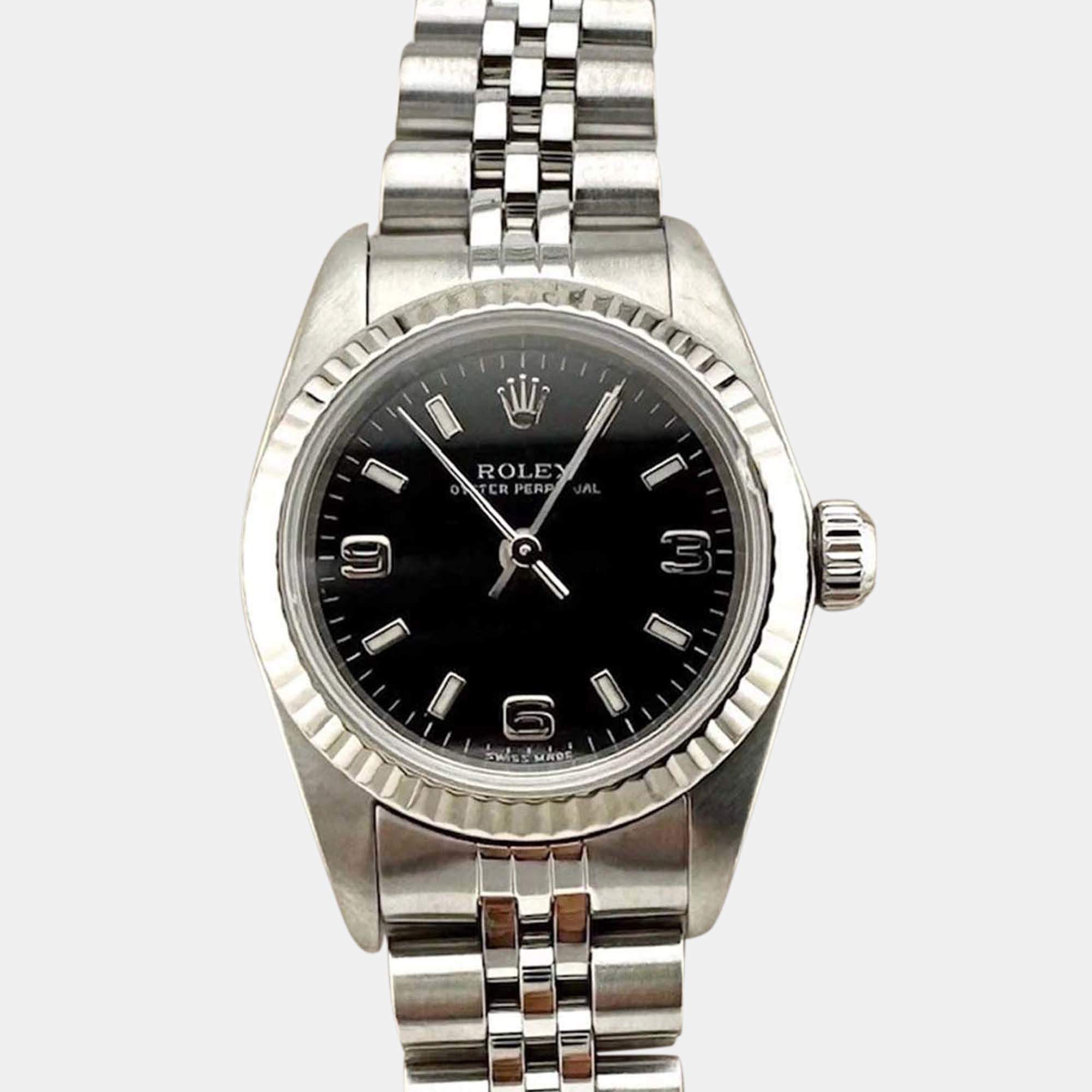 Pre Owned Rolex Oyster Perpetual 76094 Automatic Black Stainless Steel Women's Wristwatch 24 mm