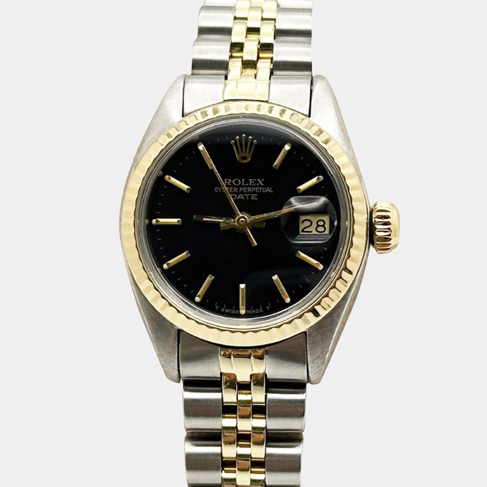 Pre Owned Rolex Date 6917 Automatic Black 14k Yellow Gold Stainless Steel Women's Wristwatch 26 mm