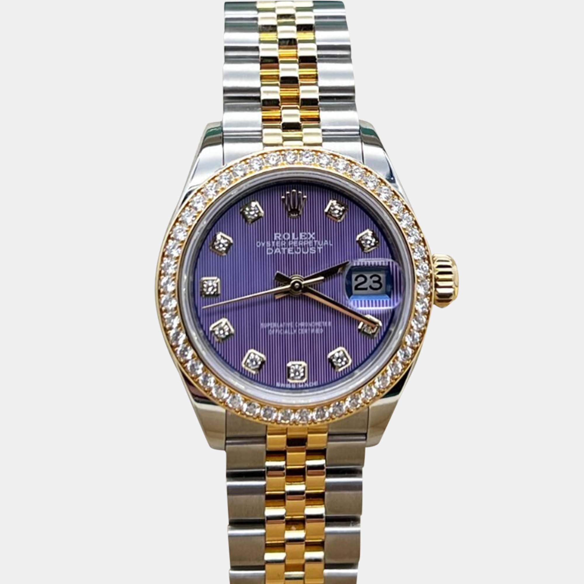 Pre Owned Rolex Datejust 279383RBR Automatic Purple Diamonds 18k Yellow Gold Stainless Steel Women's Wristwatch 28 mm