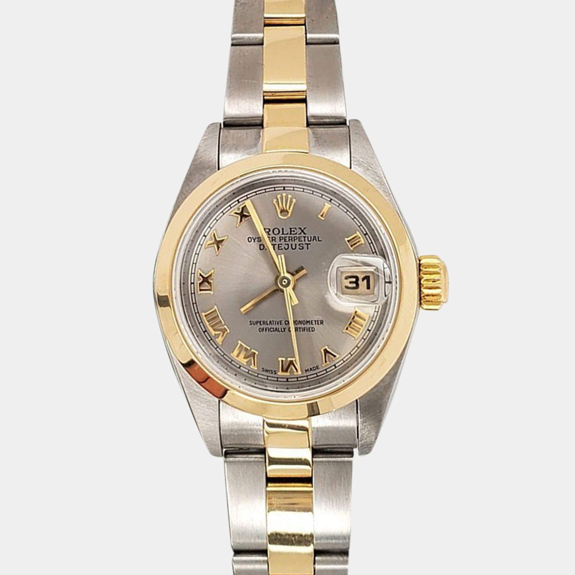 Pre Owned Rolex Datejust 79163 Automatic Gray Roman Dial 18k Yellow Gold Stainless Steel Women's Wristwatch 26 mm