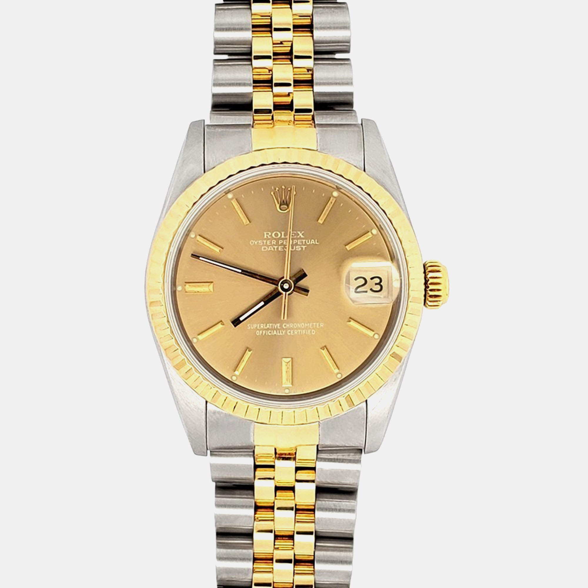 Pre Owned Rolex Datejust 68273 Automatic Champagne Index Dial Yellow Gold Stainless Steel Women's Wristwatch 31 mm