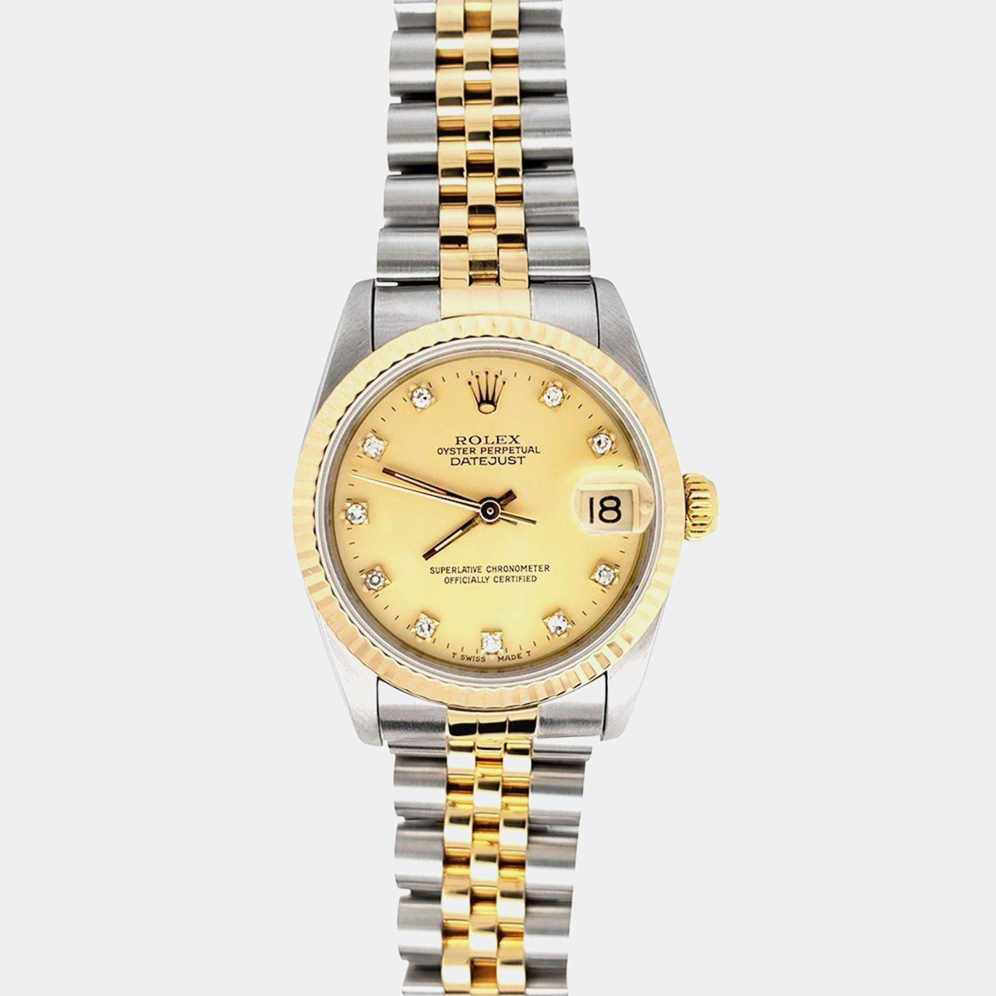 Pre Owned Rolex Datejust 68273 Automatic Factory Champagne Diamond Dial 18k Yellow Gold Stainless Steel Women's Wristwatch 31 mm