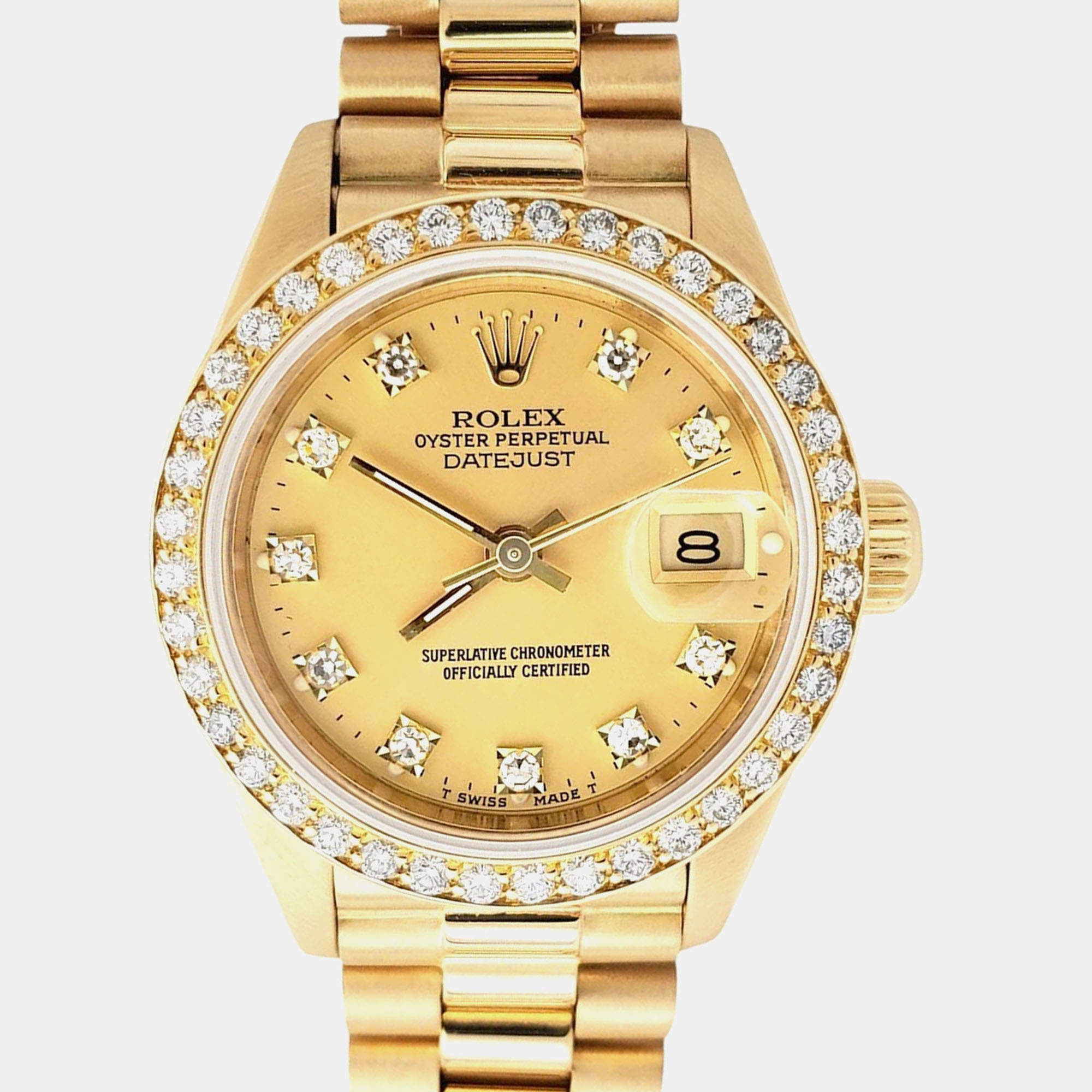 Pre Owned Rolex President Datejust 69138 Automatic Champagne Diamond Dial & Bezel Yellow Gold Women's Wristwatch 26 mm