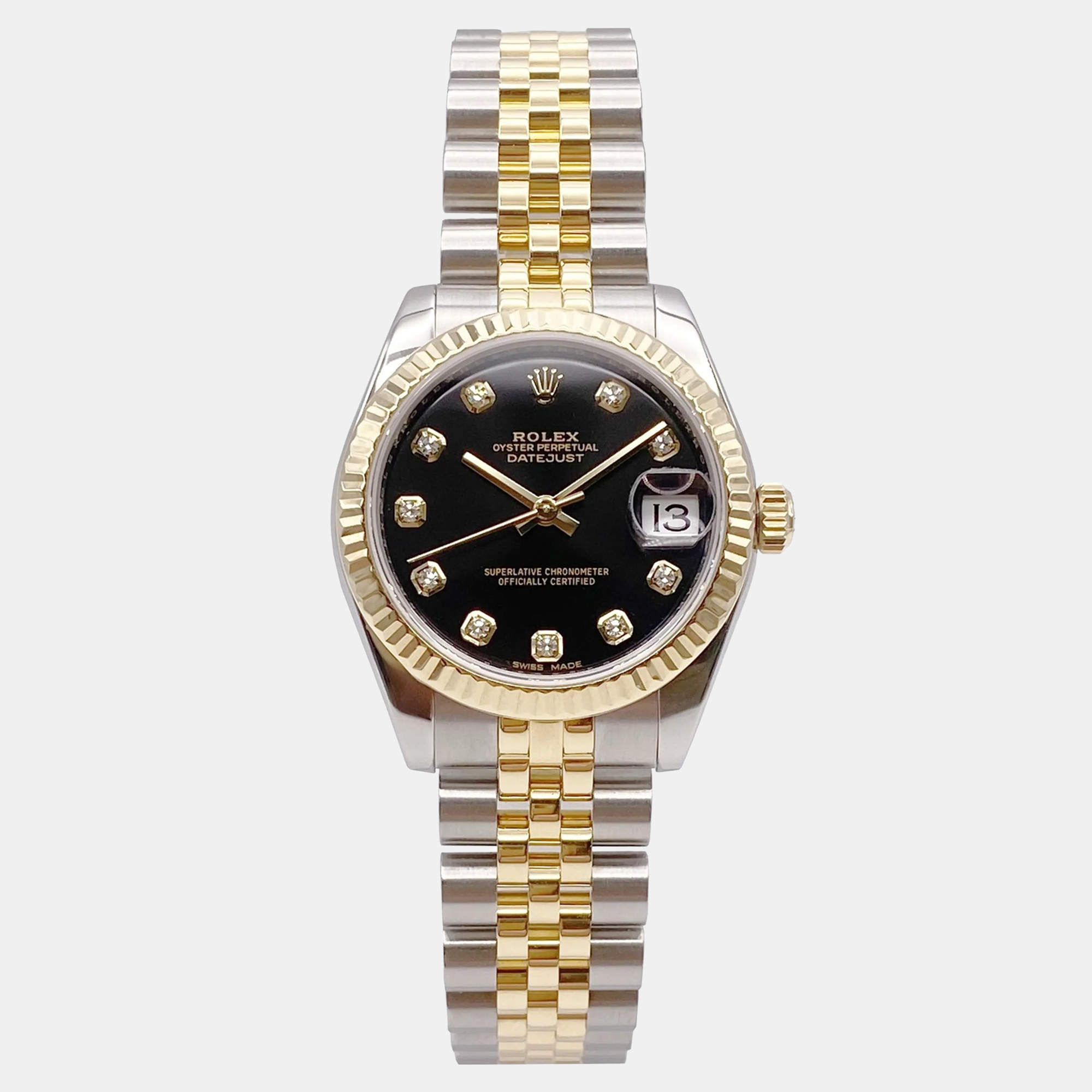 Pre Owned Rolex Datejust 178273 Automatic Black Dial Stainless Steel 18k Yellow Gold Diamond Women's Wristwatch 31mm
