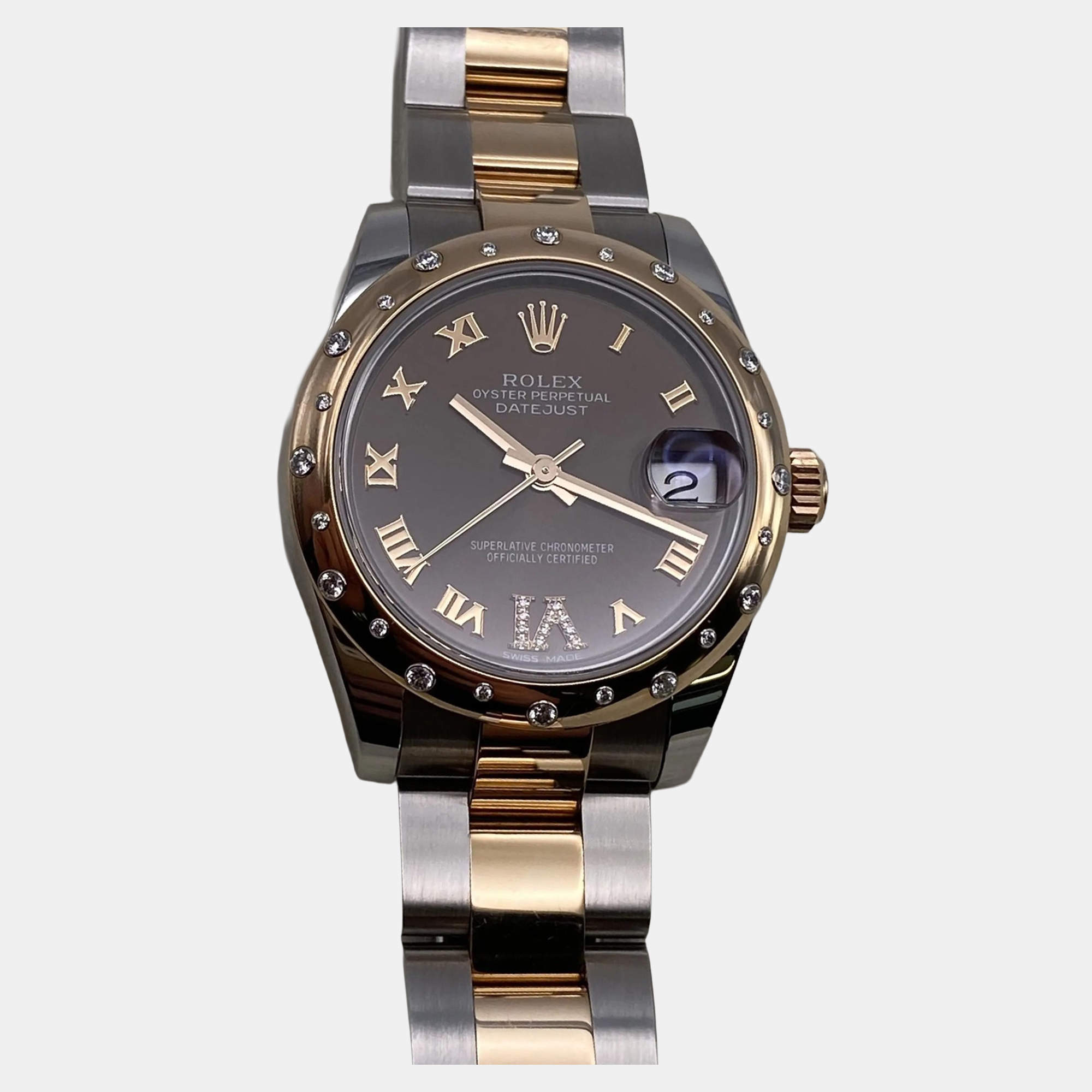 Pre Owned Rolex Datejust 178341 Automatic Brown Dial 18k Rose Gold Stainless Steel Diamond Women's Wristwatch 31mm