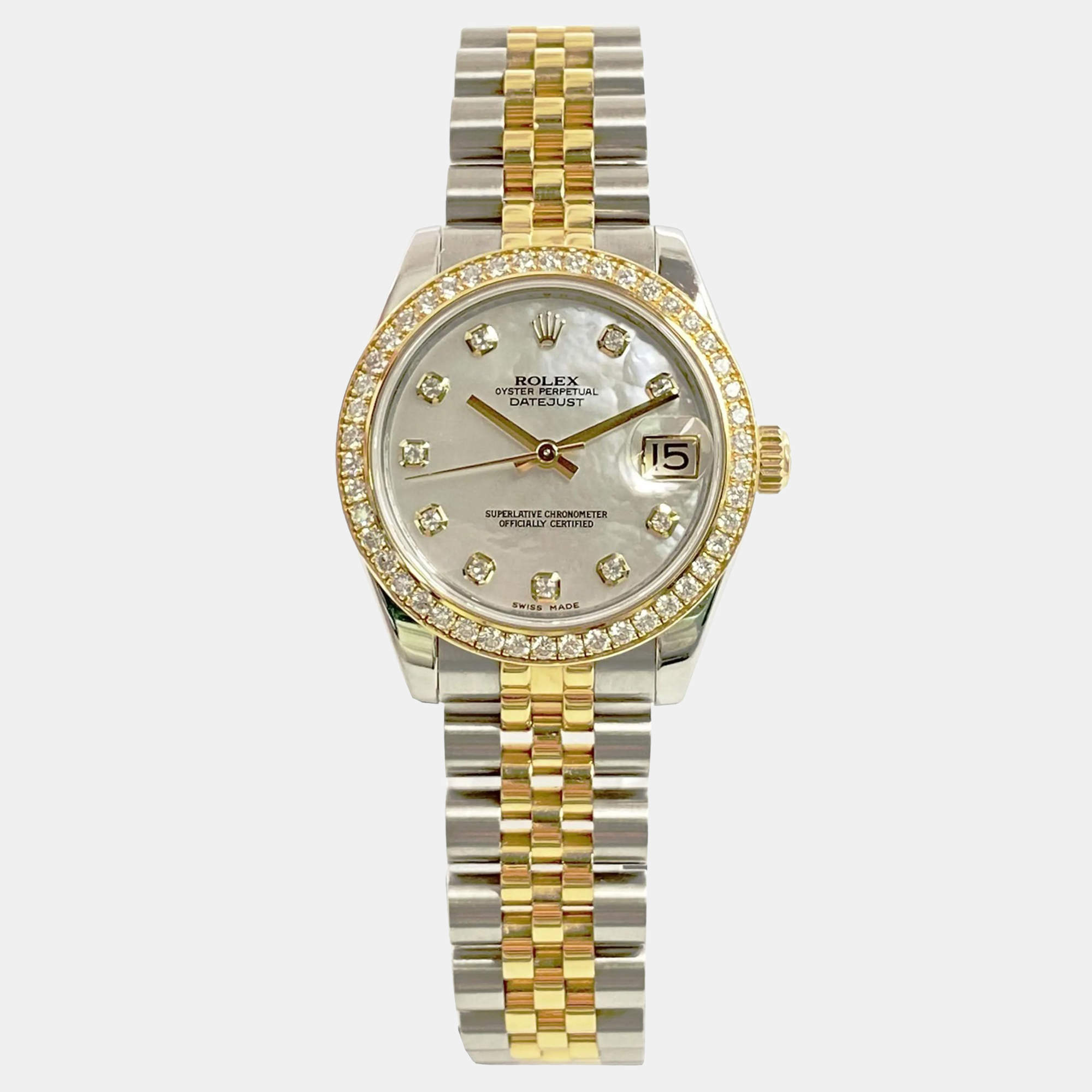 Pre Owned Rolex Datejust 178383 Automatic Mother of Pearl Diamond Dial Stainless Steel 18k Yellow Gold Women's Wristwatch 31mm