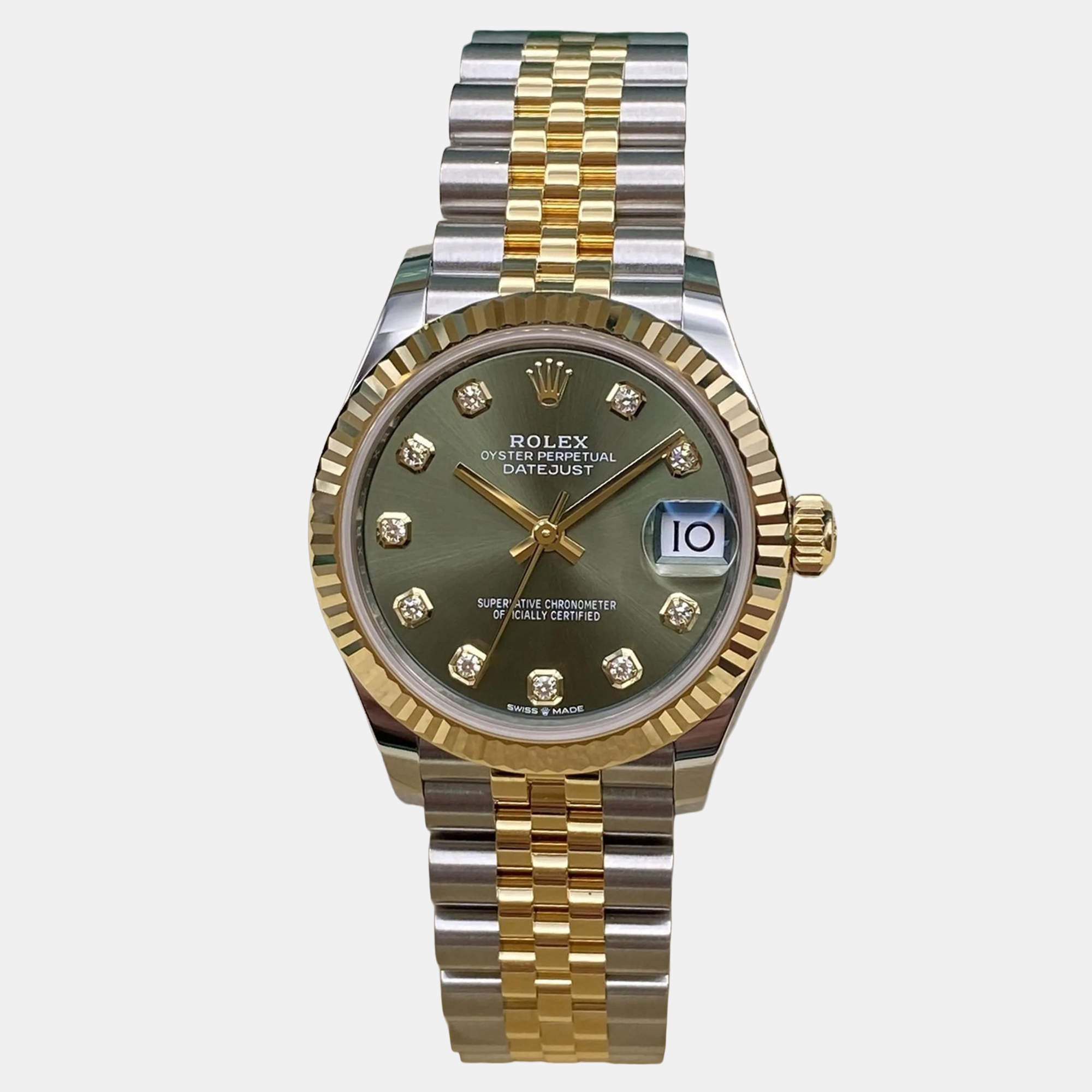 Pre Owned Rolex Datejust 278273 Automatic Green Diamond Dial Stainless Steel 18k Yellow Gold Women's Wristwatch 31mm