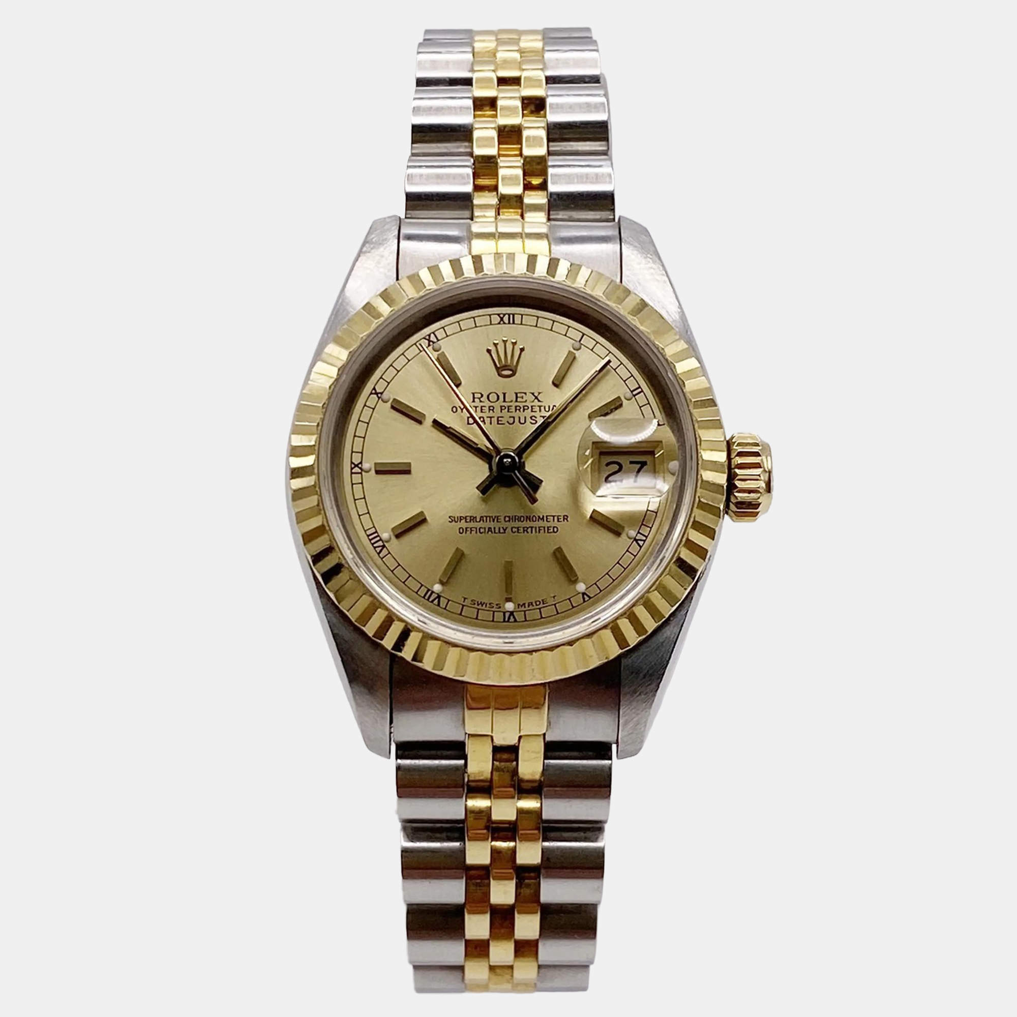 Pre Owned Rolex Datejust 69173 Automatic Champagne Dial Stainless Steel 18k Yellow Gold Women's Wristwatch 26mm