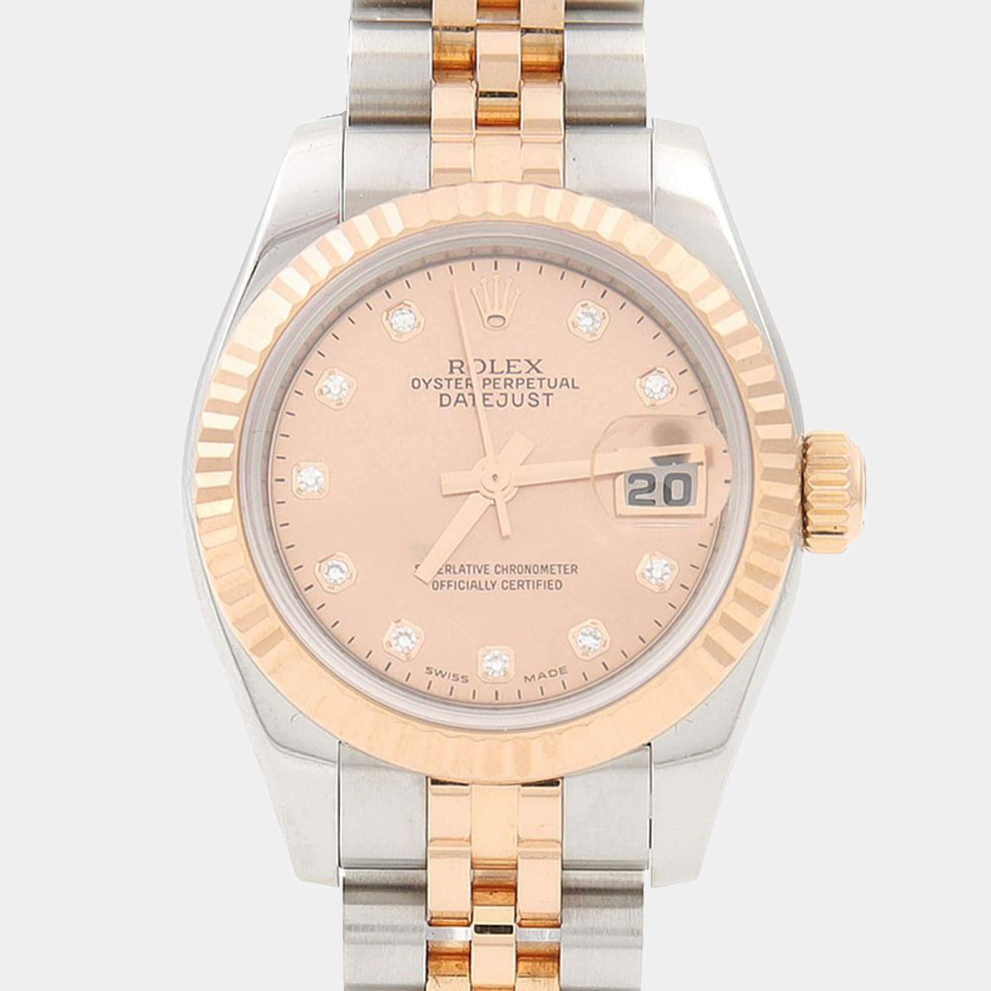 Pre Owned Rolex Datejust 179171 Automatic Gold Diamonds 18K Rose Gold Stainless Steel Women's Wristwatch 26mm