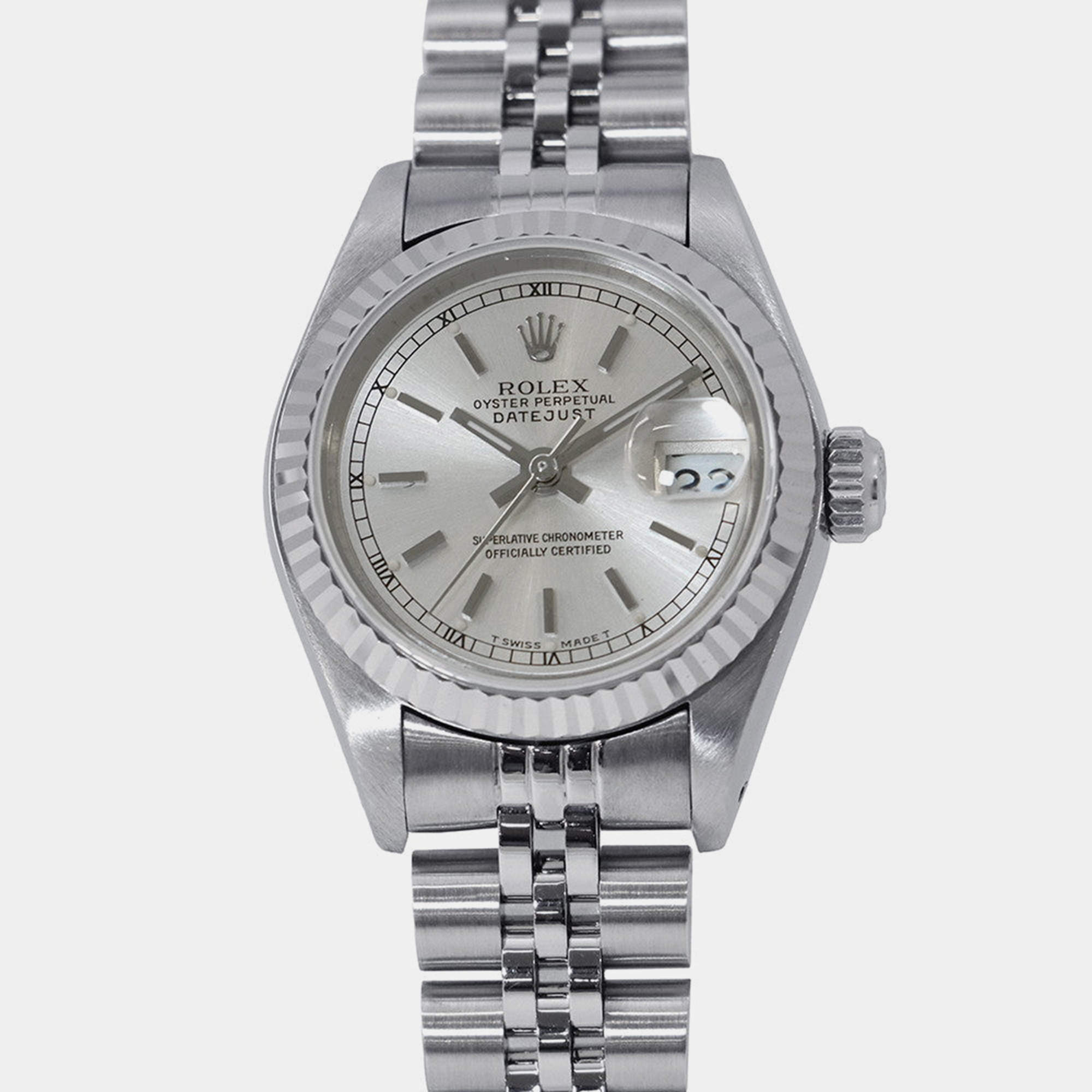 Pre Owned Rolex Datejust 69174 Automatic Silver 18k White Gold Stainless Steel Women's Wristwatch 26 mm